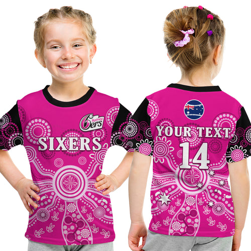 (Custom Text And Number) Sydney Sixers T Shirt KID Cricket Indigenous Australian Art Ver.01 LT14