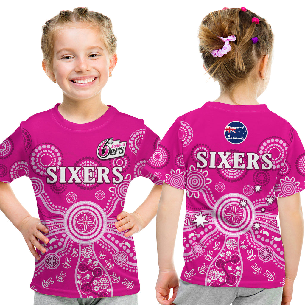 (Custom Text And Number) Sydney Sixers T Shirt KID Cricket Indigenous Australian Art Ver.02 LT14