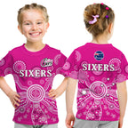 (Custom Text And Number) Sydney Sixers T Shirt KID Cricket Indigenous Australian Art Ver.02 LT14
