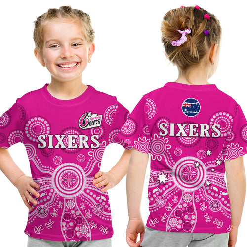 (Custom Text And Number) Sydney Sixers T Shirt KID Cricket Indigenous Australian Art Ver.02 LT14