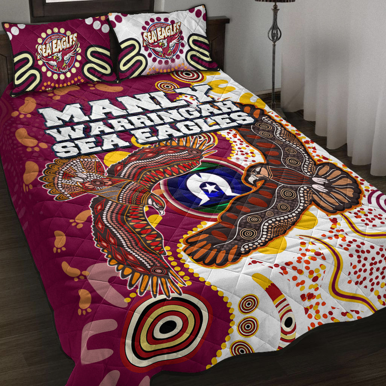 sea-eagles-aboriginal-rugby-quilt-bed-set-double-sea-eagles-with-tribal-sun-and-footprints