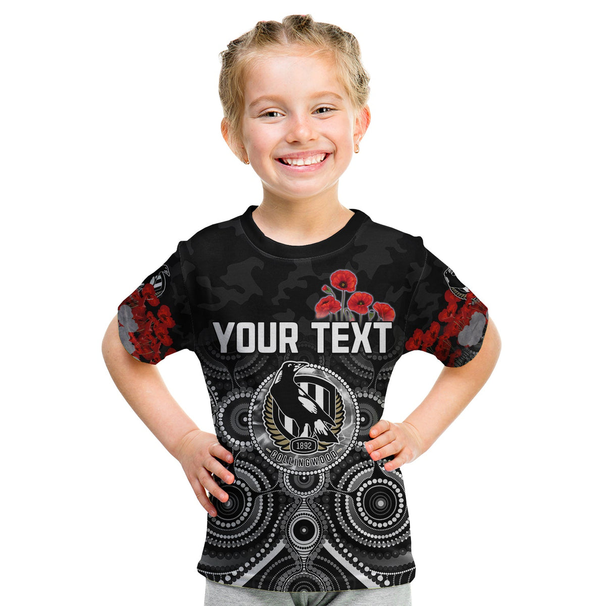 custom-personalised-magpies-anzac-2022-t-shirt-kid-collingwood-football-aboriginal-poppy-flowers