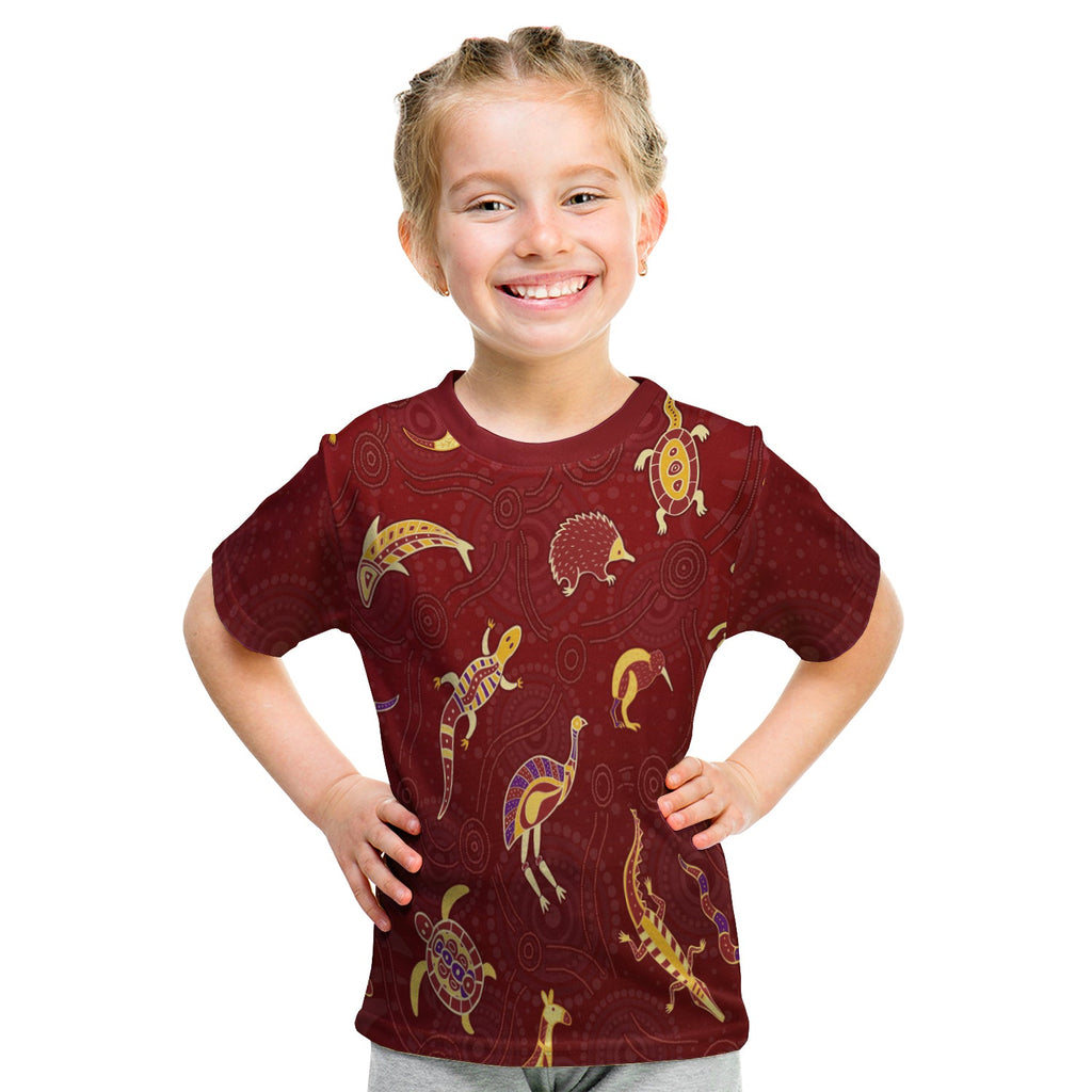 custom-personalised-aboriginal-art-t-shirt-kid-animals-australia-version-maroon
