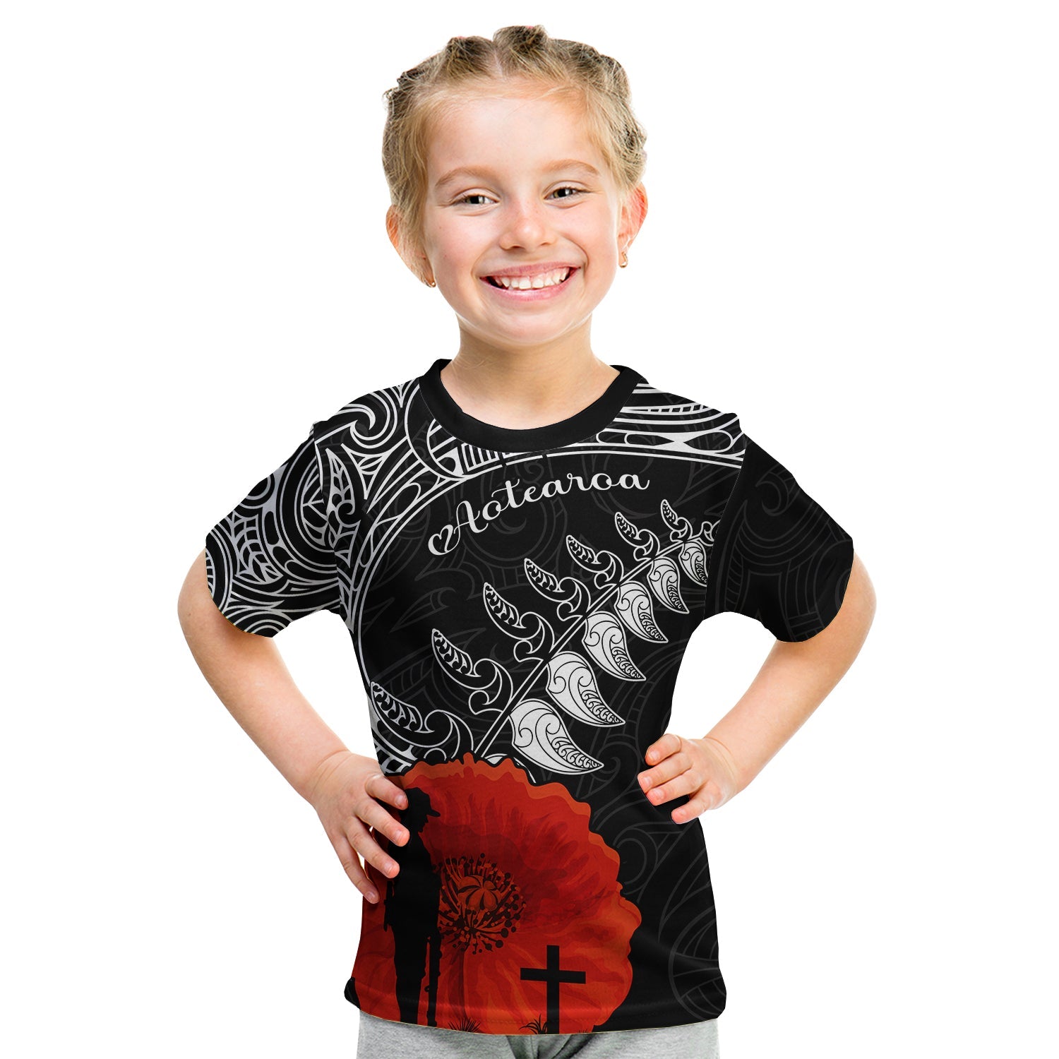 New Zealand Anzac 2022 T Shirt Maori Mix Fern Poppy LT13