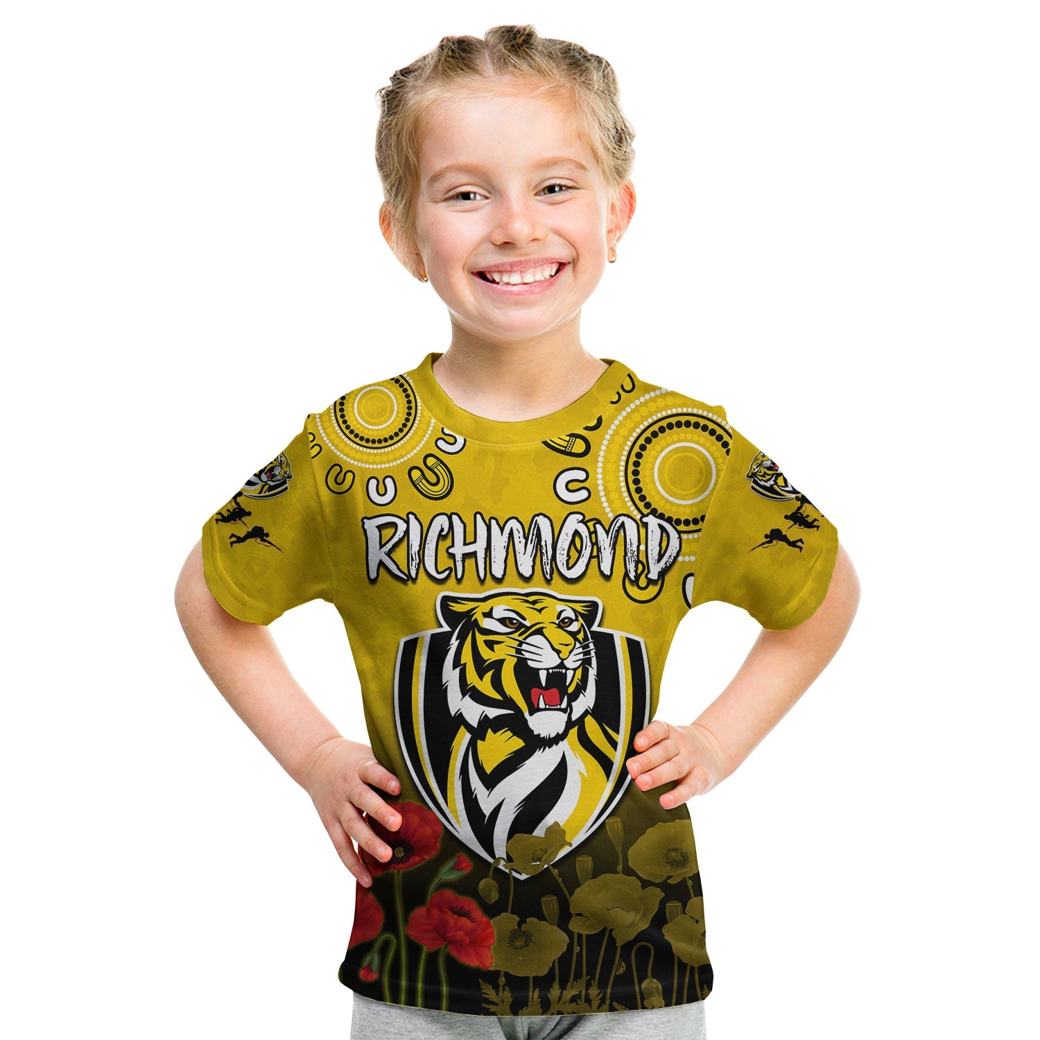 custom-text-and-number-richmond-anzac-2022-t-shirt-kid-tigers-aboriginal-poppy