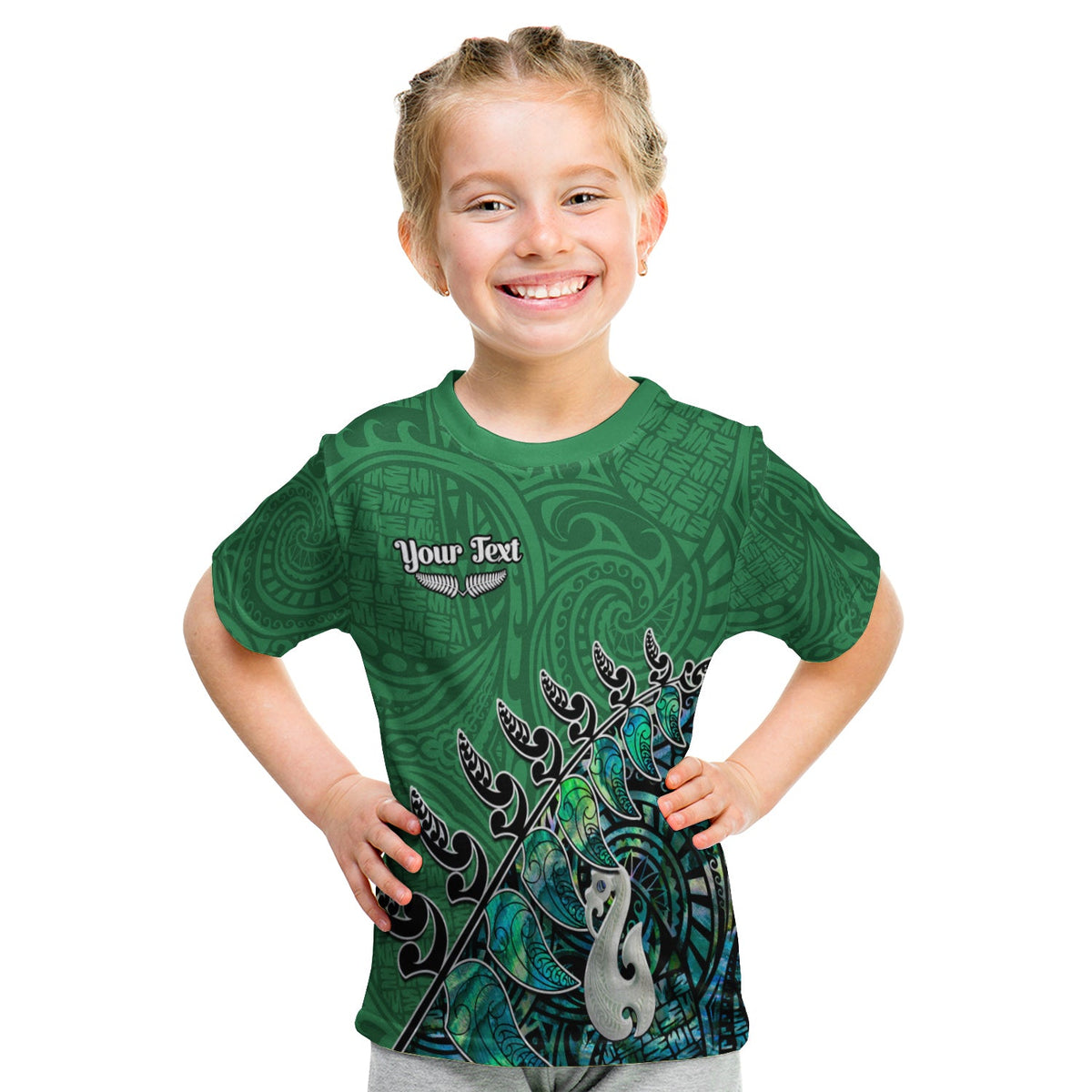 custom-personalised-new-zealand-maori-t-shirt-kid-fern-and-manaia-version-green