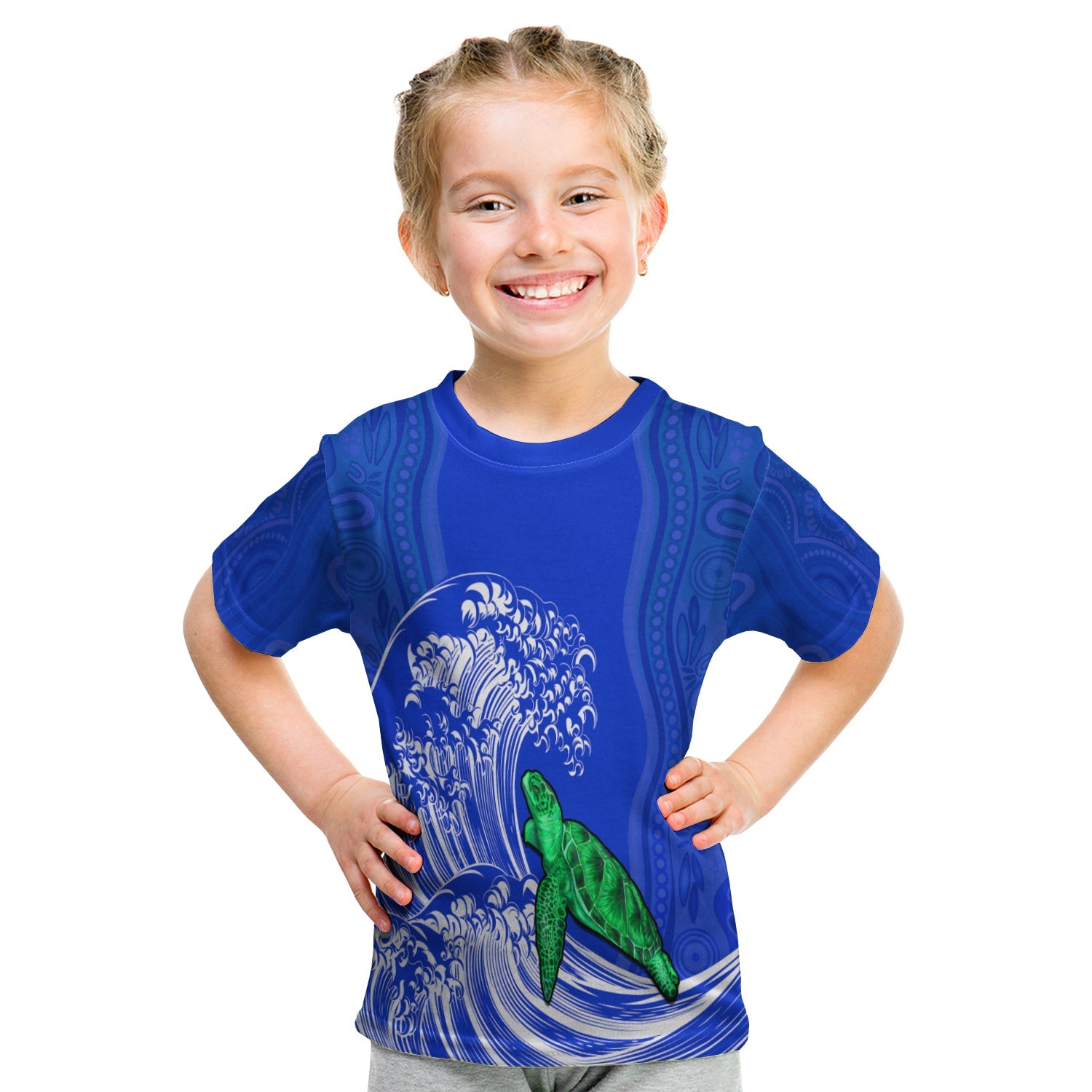 custom-personalised-torres-strait-islands-t-shirt-kid-the-dhari-mix-aboriginal-turtle-version-blue