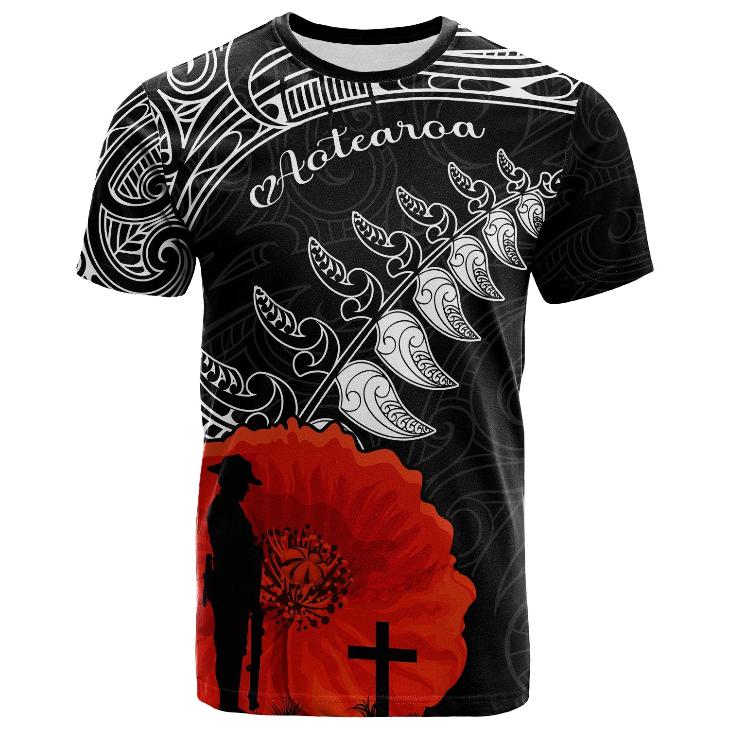 New Zealand Anzac 2022 T Shirt Maori Mix Fern Poppy LT13