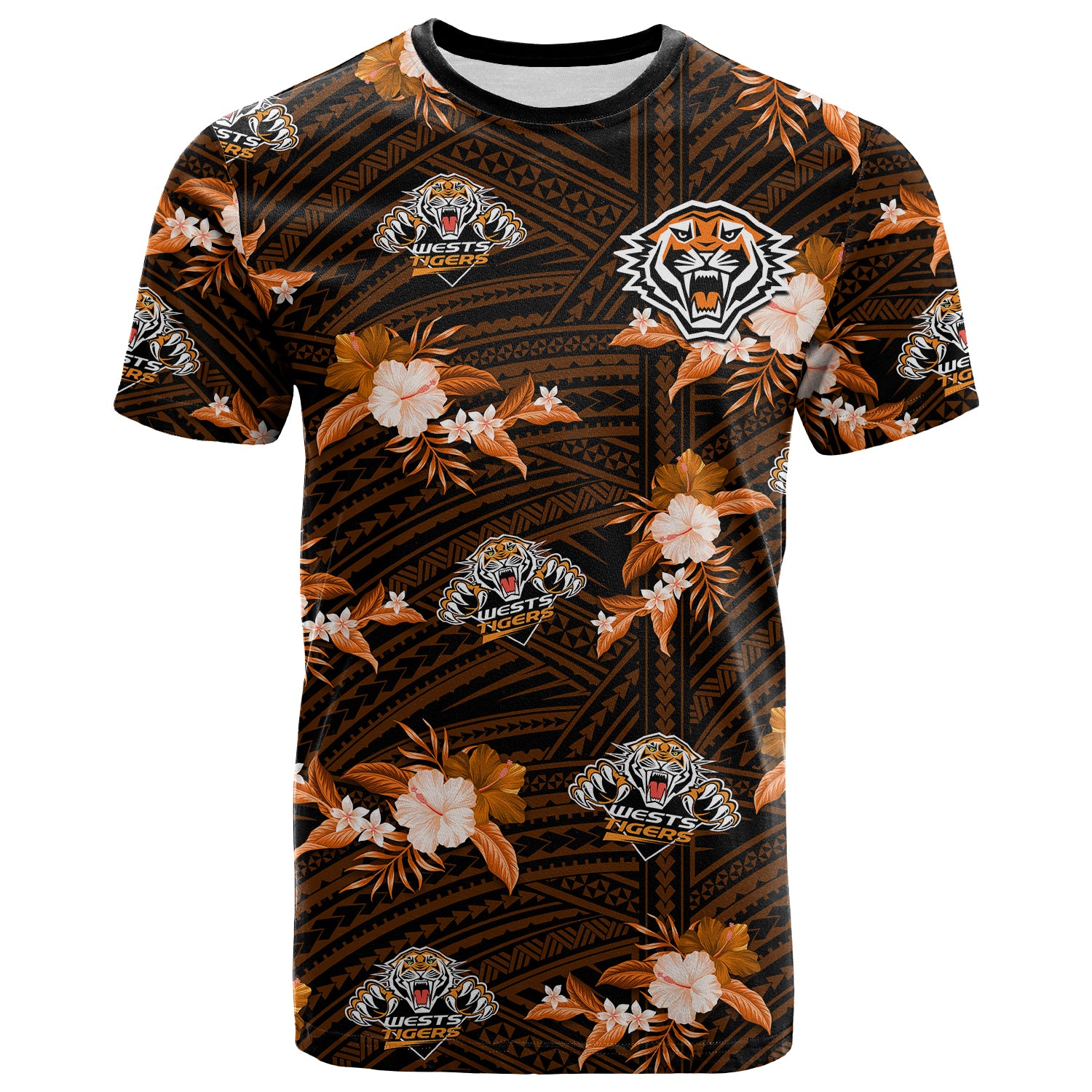 (Custom Text And Number) Wests Tigers Rugby T Shirt Polynesian Tribal Mix Tropical Hawaiian Style LT14