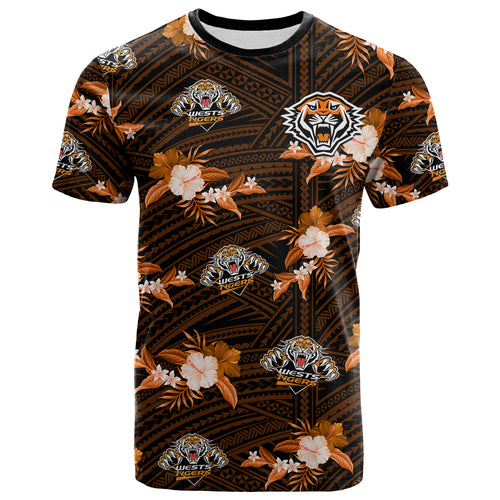 (Custom Text And Number) Wests Tigers Rugby T Shirt Polynesian Tribal Mix Tropical Hawaiian Style LT14