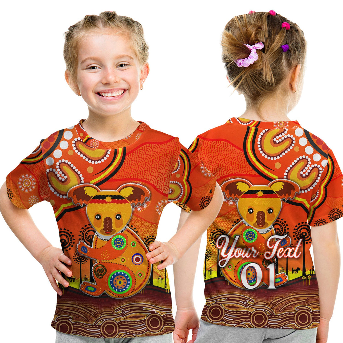 custom-personalised-aboriginal-art-koala-t-shirt-kid-indigenous-unique-vibes-orange