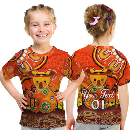 custom-personalised-aboriginal-art-koala-t-shirt-kid-indigenous-unique-vibes-orange
