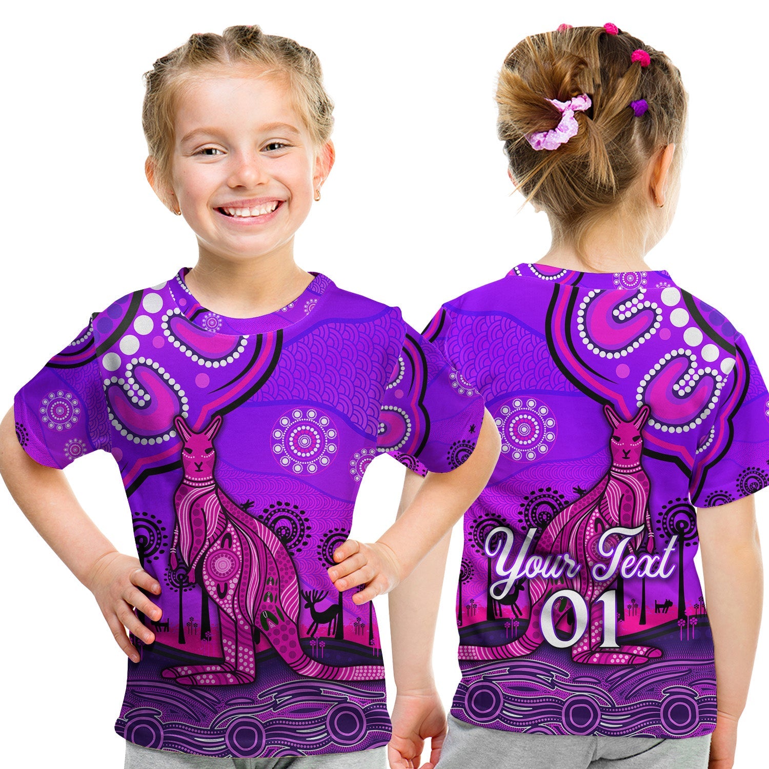 custom-personalised-aboriginal-art-kangaroo-t-shirt-kid-indigenous-unique-vibes-purple