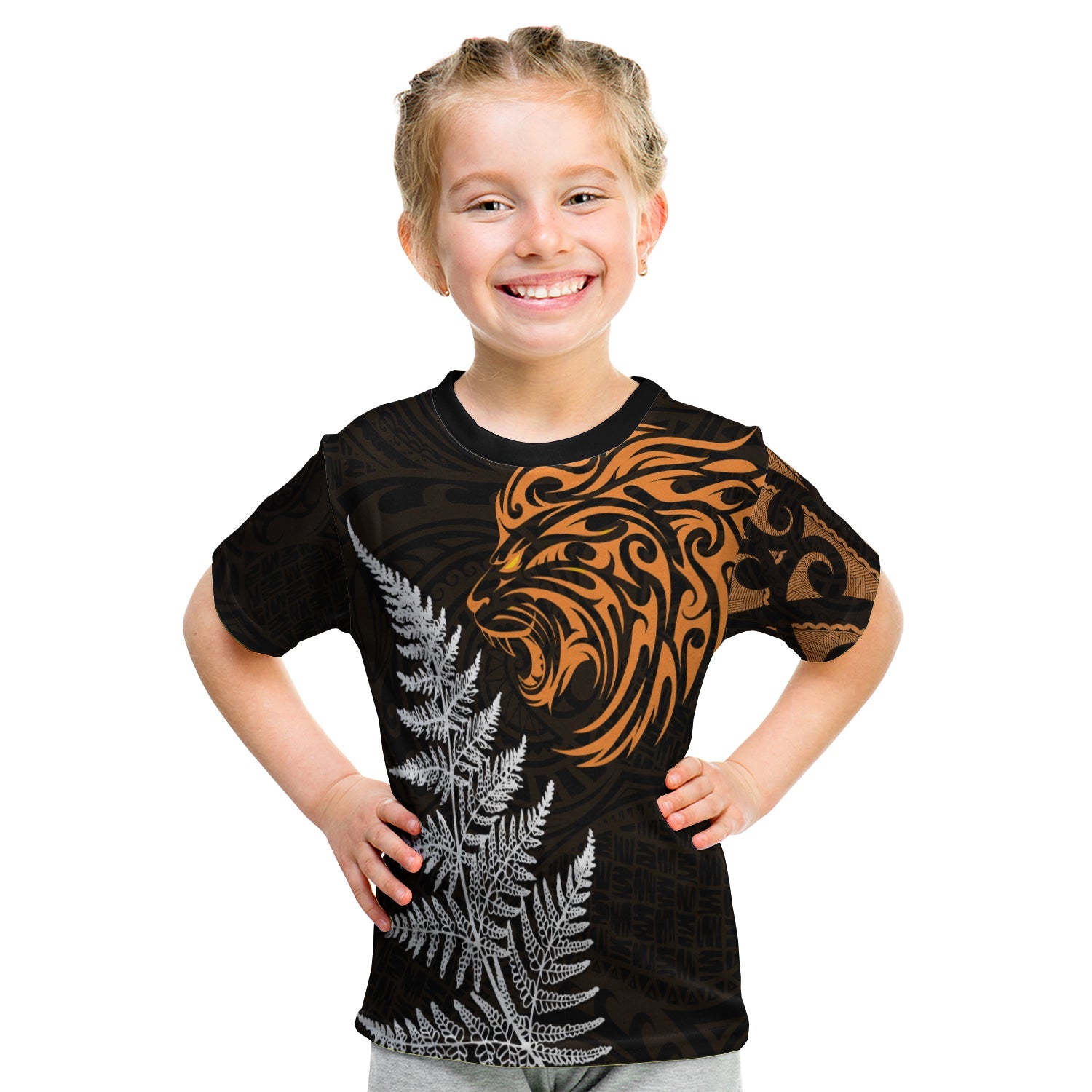 leo-zodiac-style-maori-t-shirt-kid-orange-lion