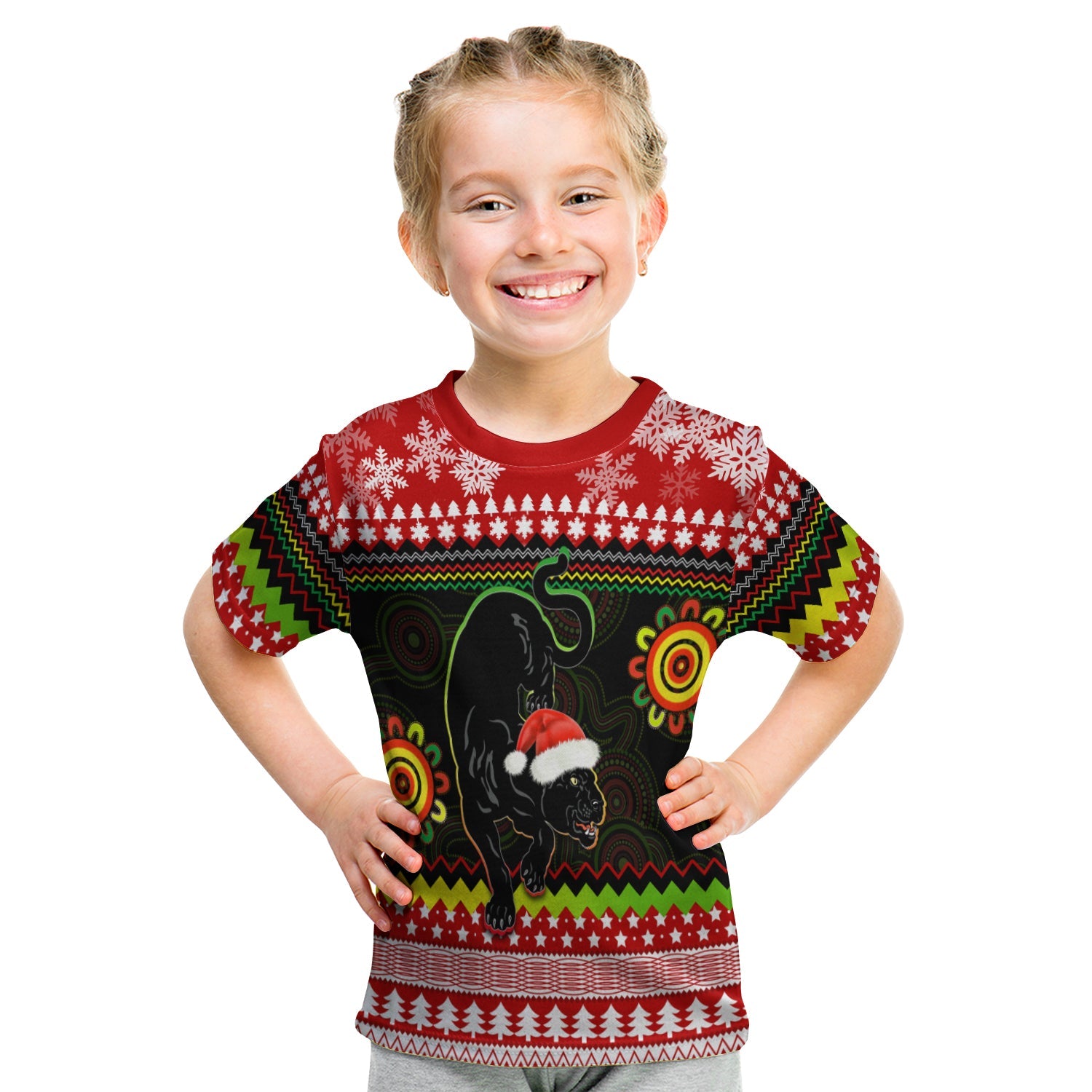 custom-personalised-panthers-christmas-t-shirt-kid-penrith-snow-mix-indigenous