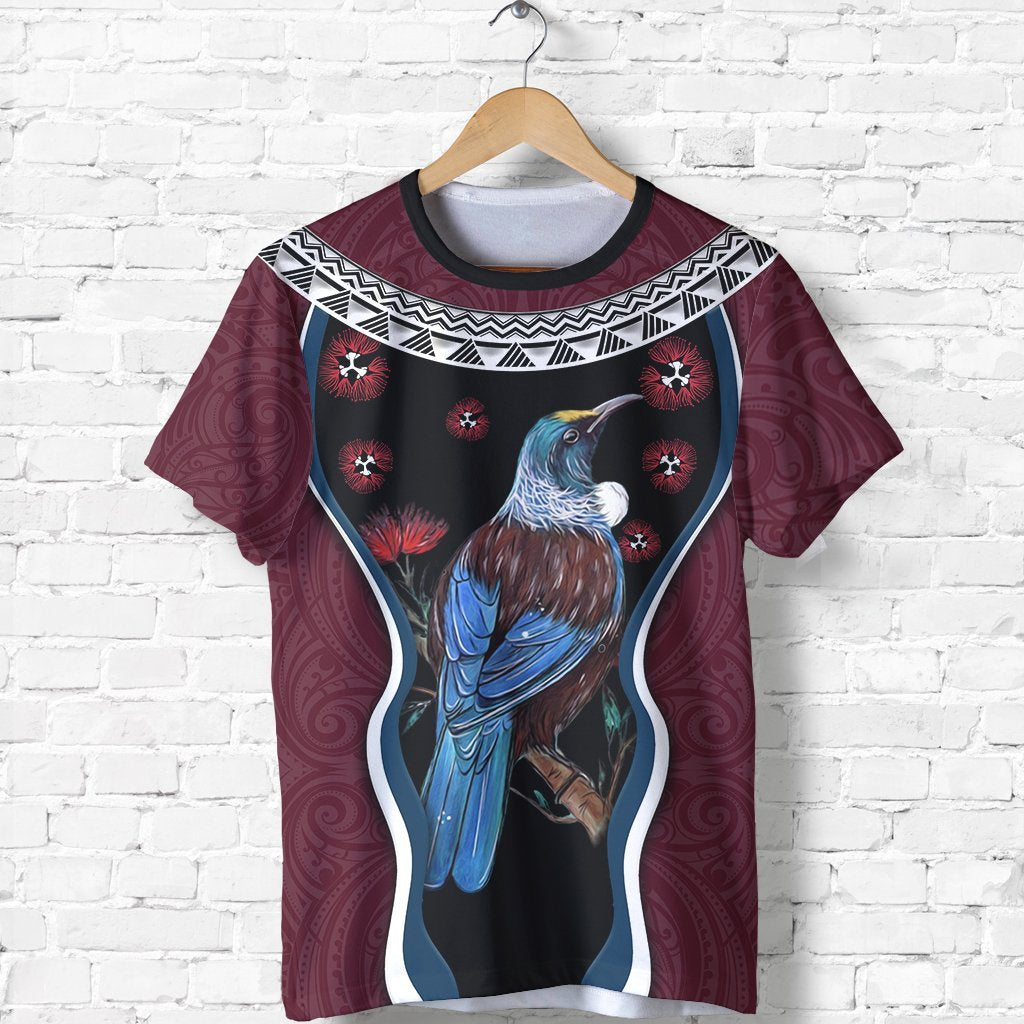 new-zealand-tui-bird-t-shirt-pohutukawa-burgundy