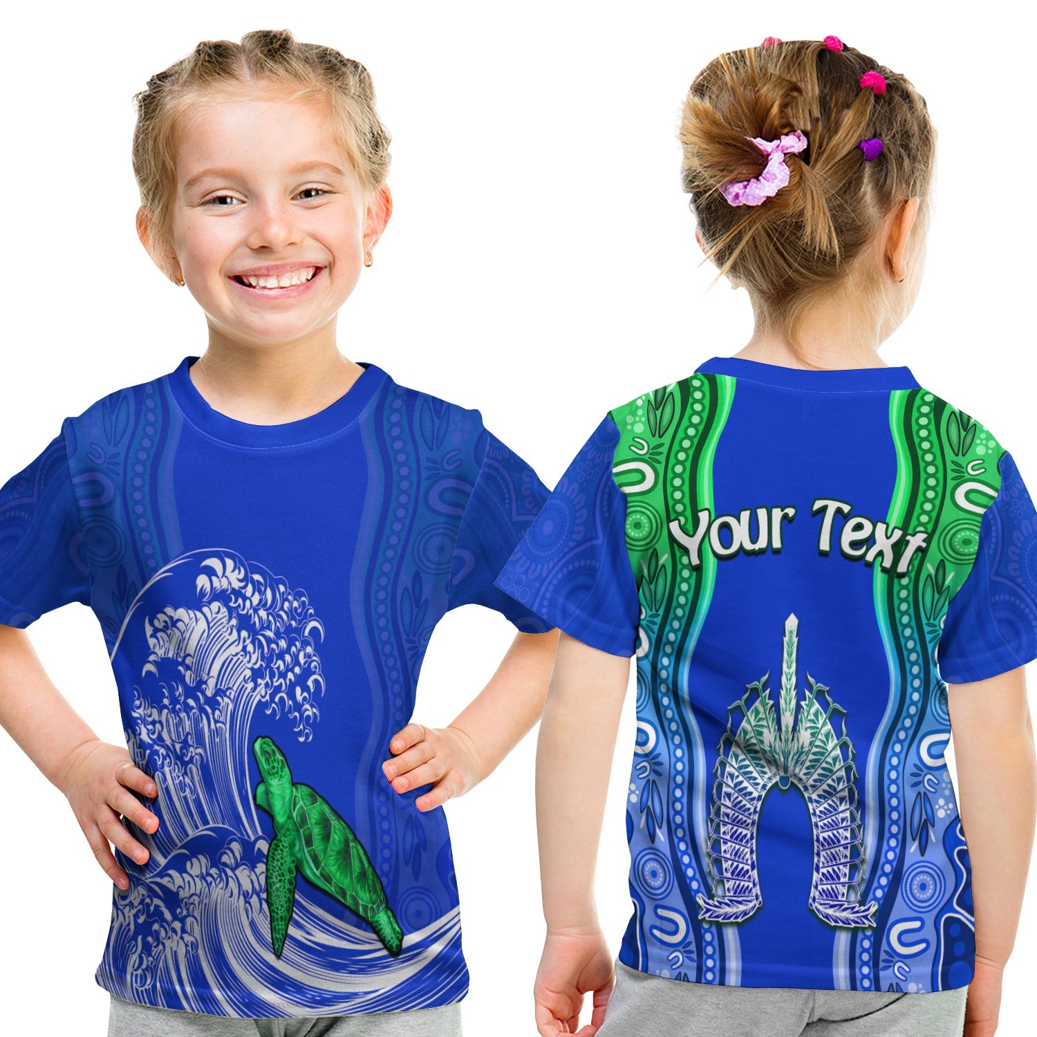 custom-personalised-torres-strait-islands-t-shirt-kid-the-dhari-mix-aboriginal-turtle-version-blue