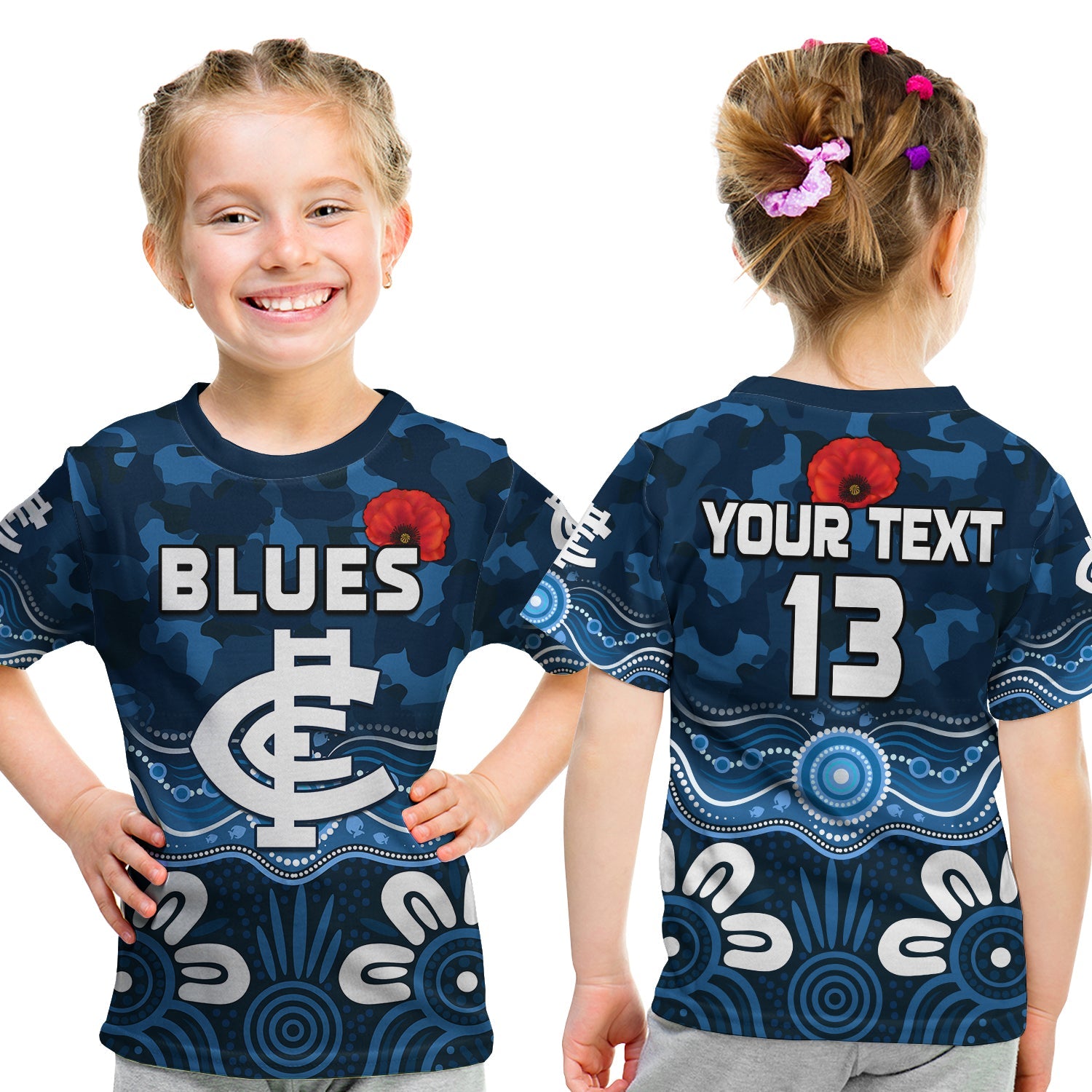 custom-text-and-number-blues-anzac-2022-t-shirt-kid-carlton-football-aboriginal-poppy