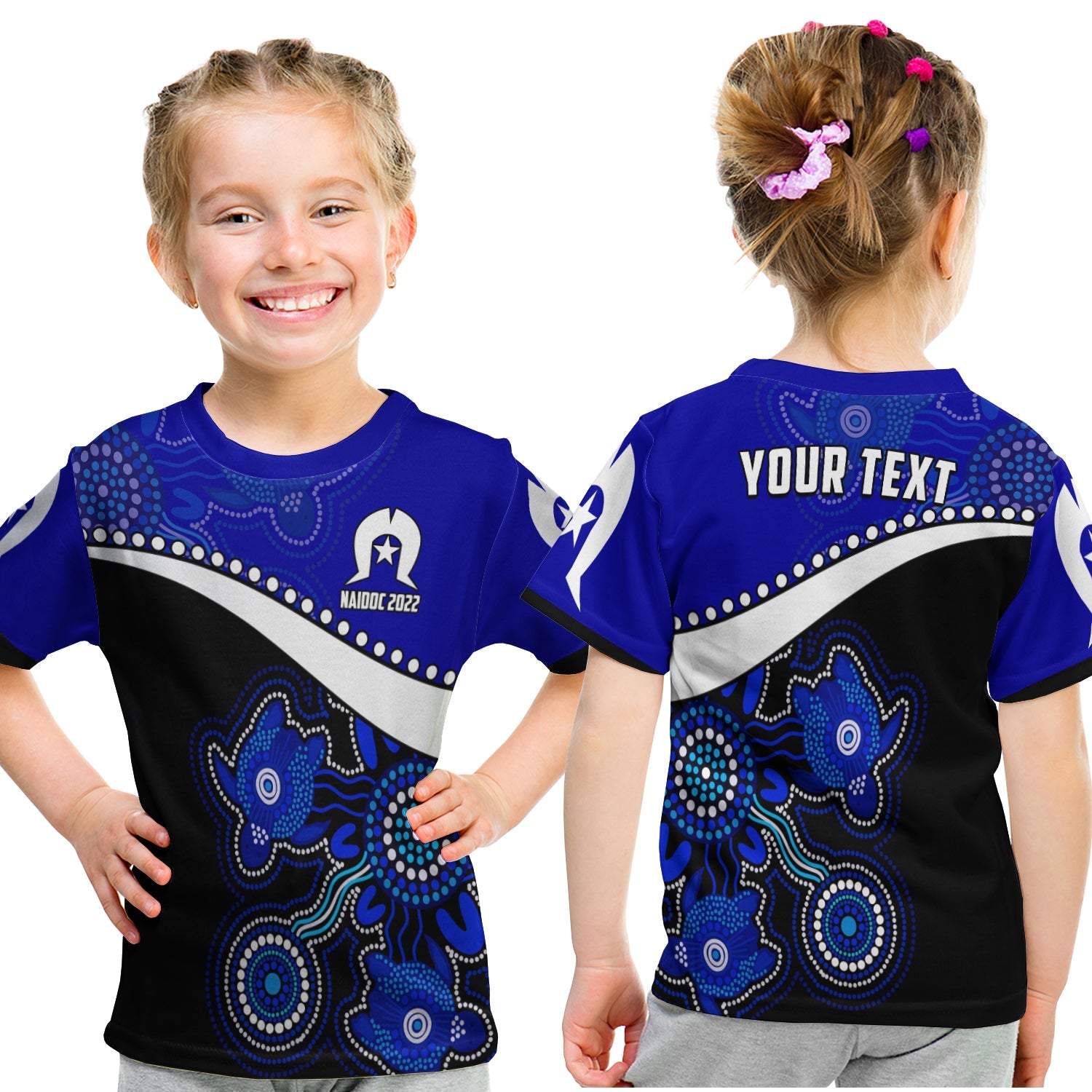 custom-personalised-naidoc-week-2022-t-shirt-kid-torres-strait-islander-version-blue-aboriginal-turtles