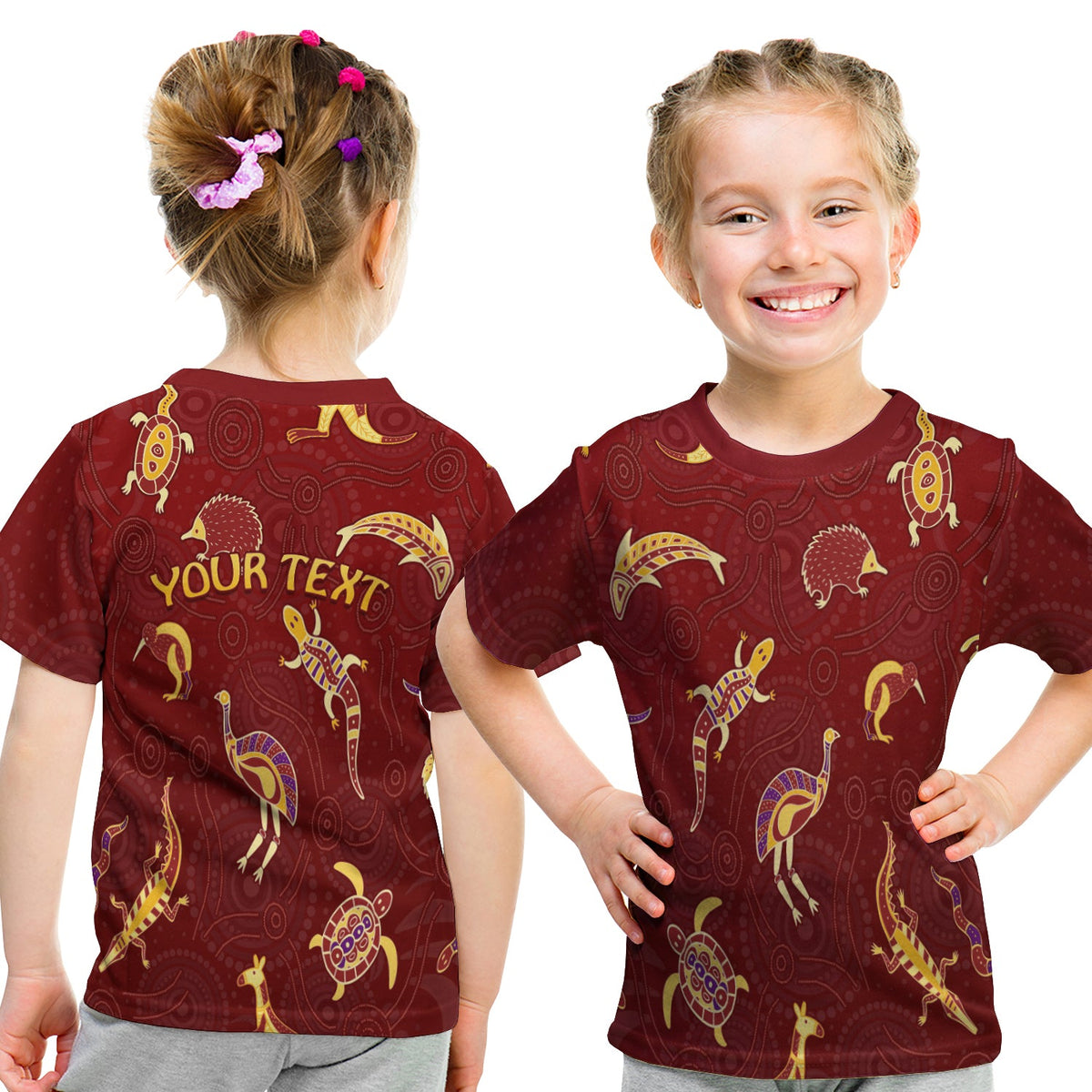 custom-personalised-aboriginal-art-t-shirt-kid-animals-australia-version-maroon