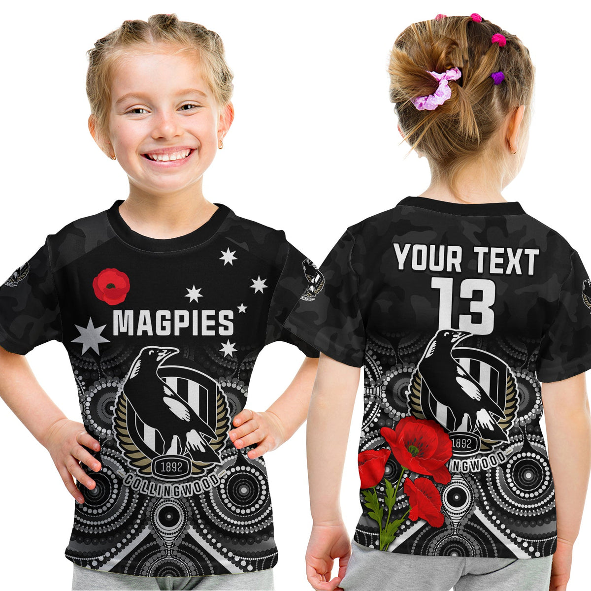 custom-text-and-number-magpies-football-anzac-day-t-shirt-kid-aboriginal-poppy-flowers