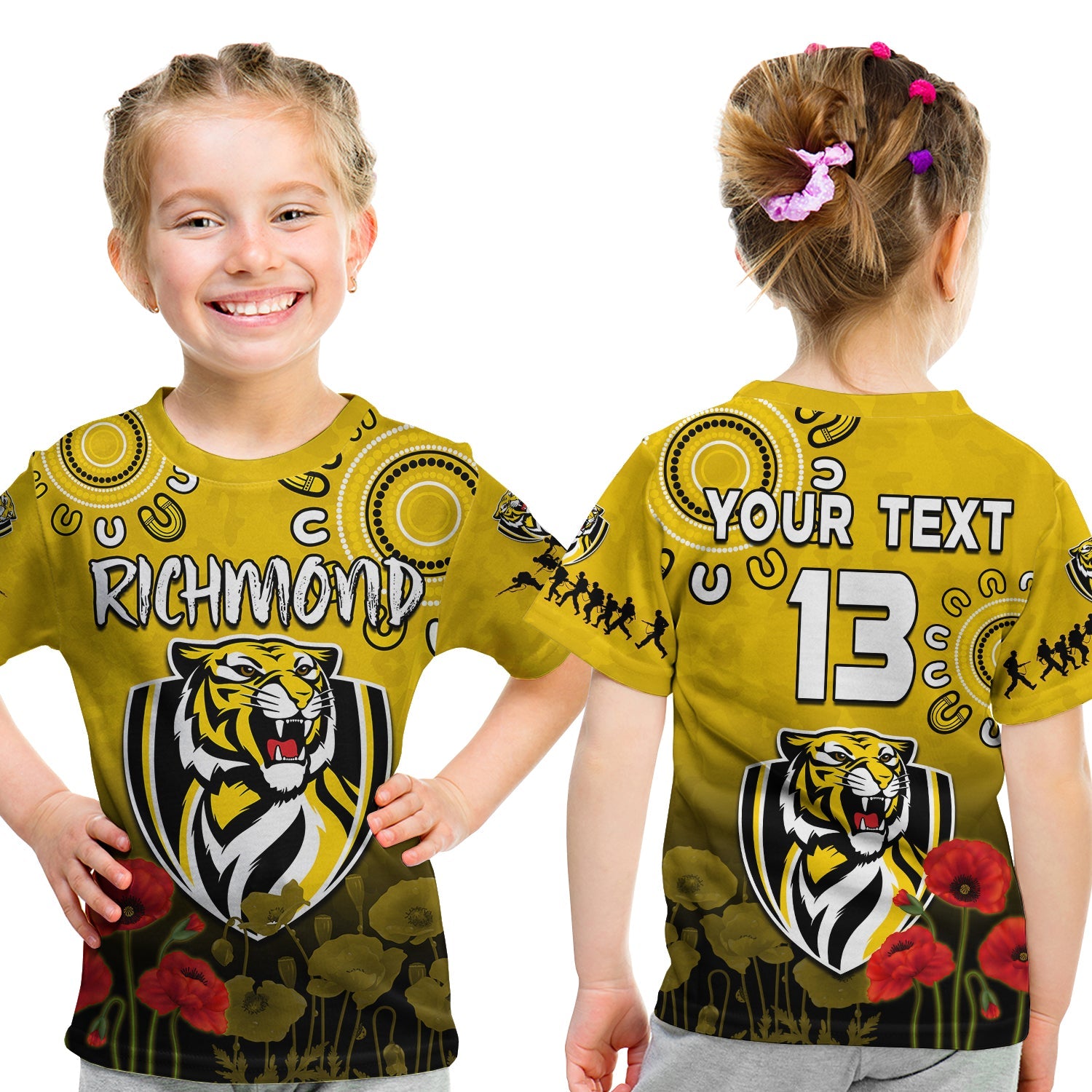 custom-text-and-number-richmond-anzac-2022-t-shirt-kid-tigers-aboriginal-poppy