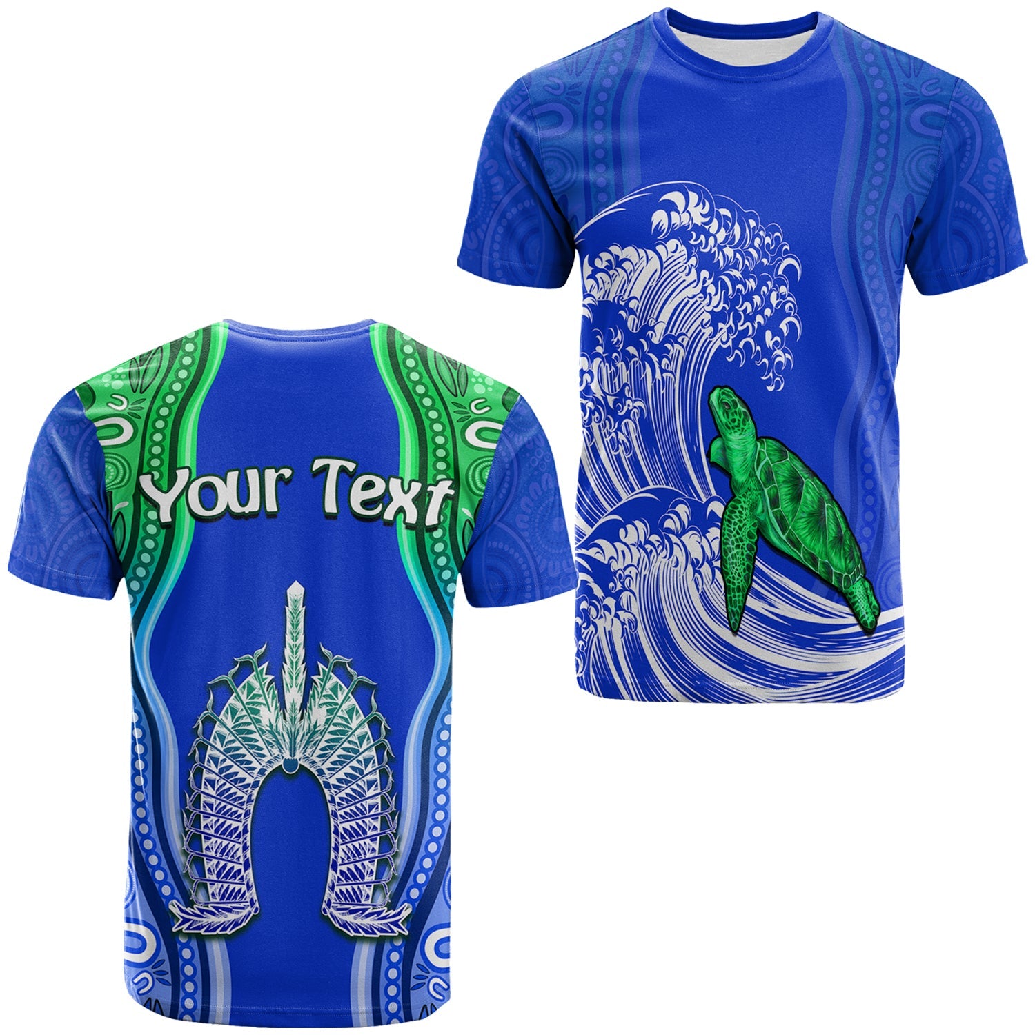 custom-personalised-torres-strait-islands-t-shirt-the-dhari-mix-aboriginal-turtle-version-blue