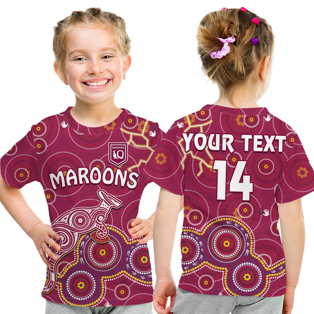 custom-text-and-number-maroons-rugby-t-shirt-kid-kangaroo-indigenous-pattern-unique-version