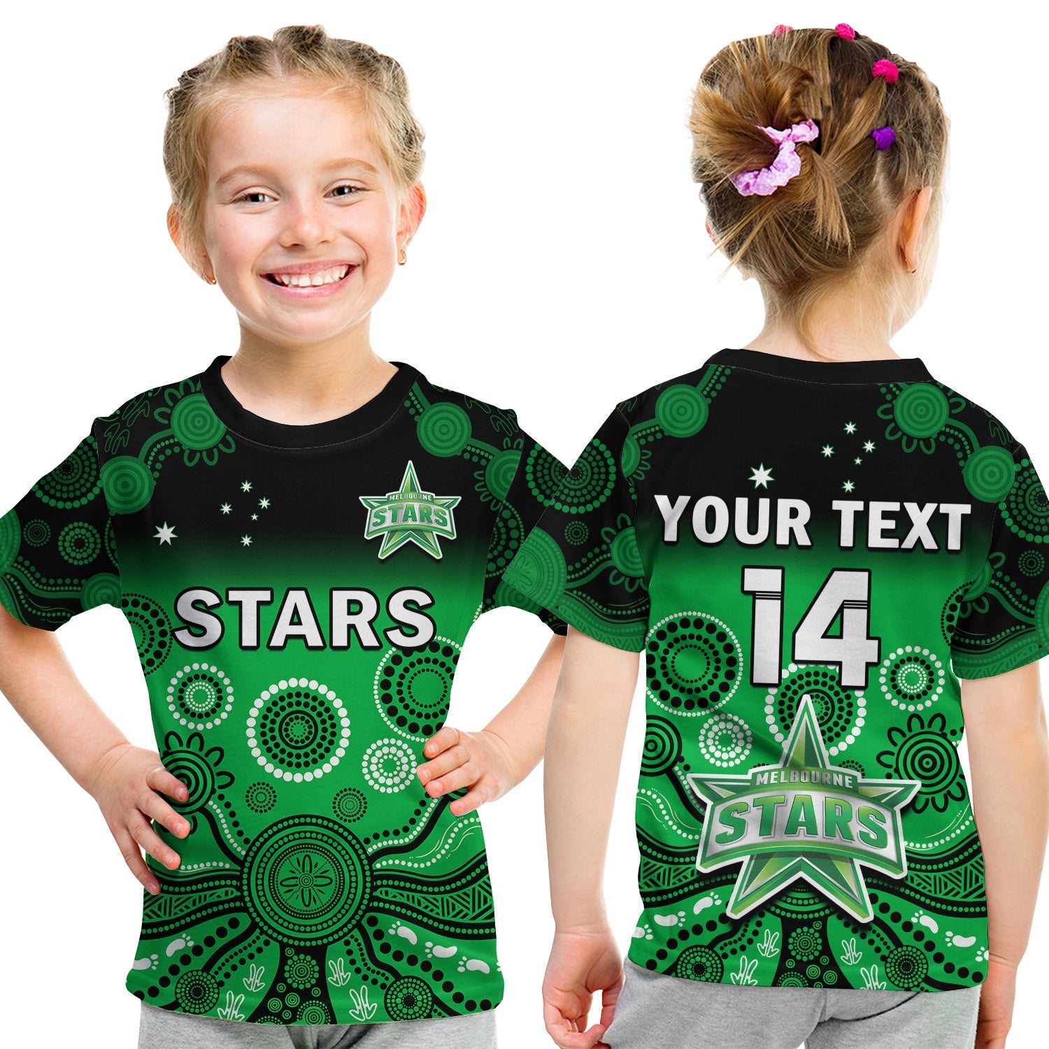 custom-text-and-number-stars-cricket-t-shirt-kid-melbourne-team-green-gradient-aboriginal-art