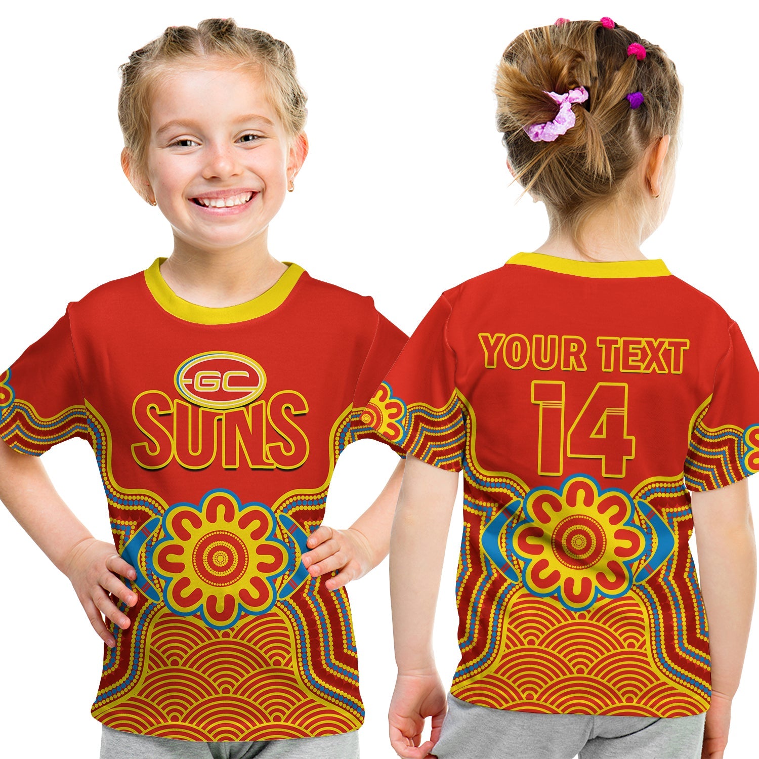 custom-text-and-number-gold-coast-football-t-shirt-kid-suns-indigenous-pattern