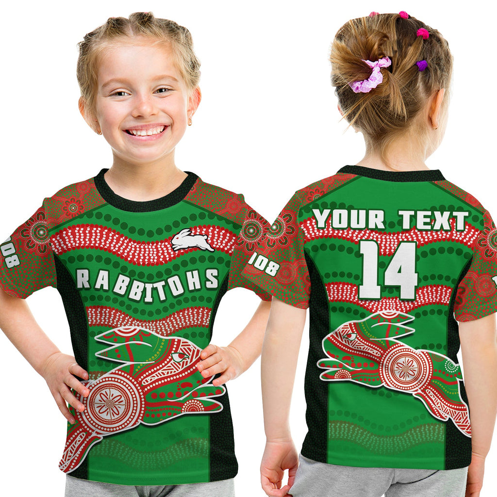 custom-text-and-number-rabbitohs-rugby-t-shirt-kid-souths-1908-aboriginal-dot-painting-go-bunnies