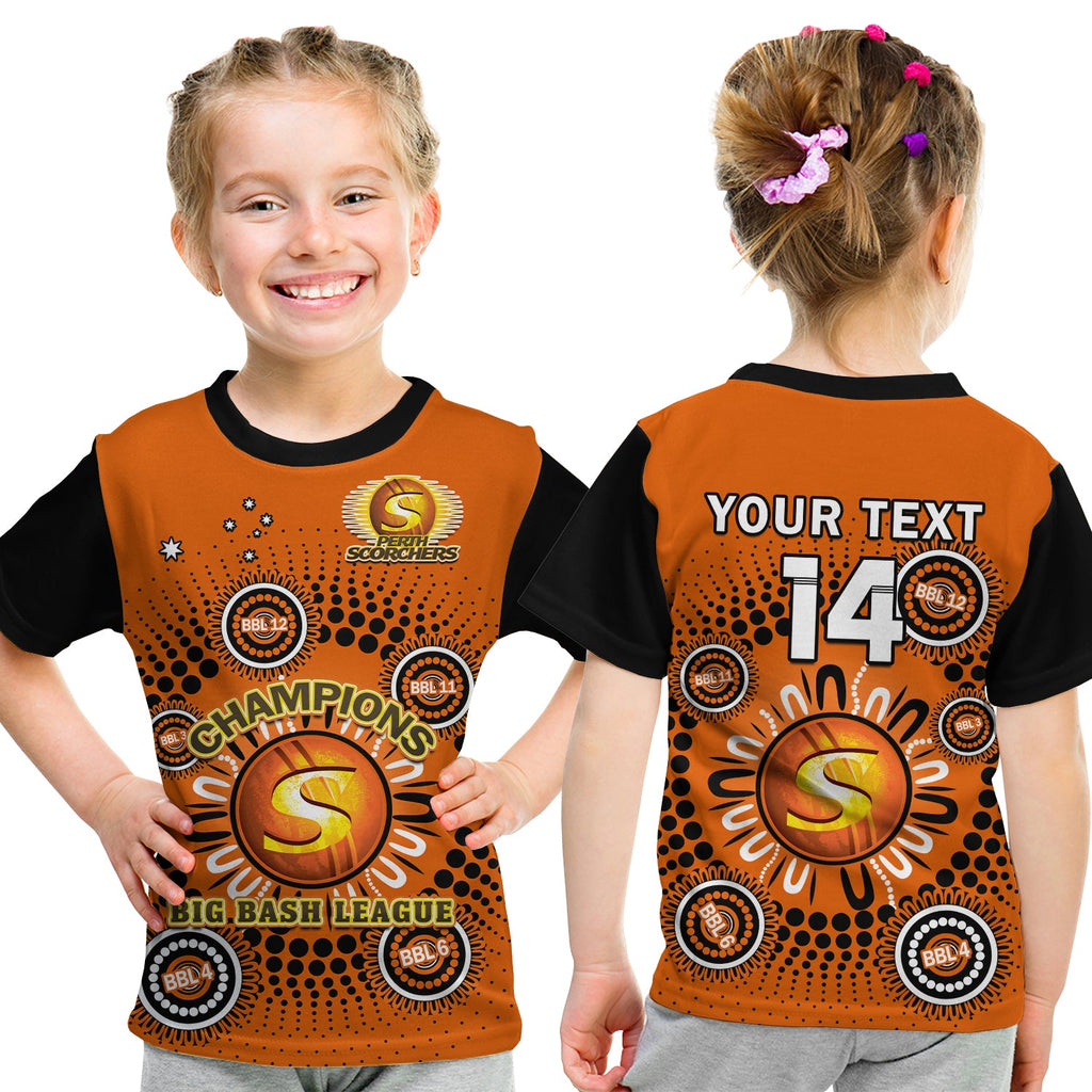 custom-text-and-number-perth-scorchers-cricket-t-shirt-kid-indigenous-5th-champions-bbl-proud