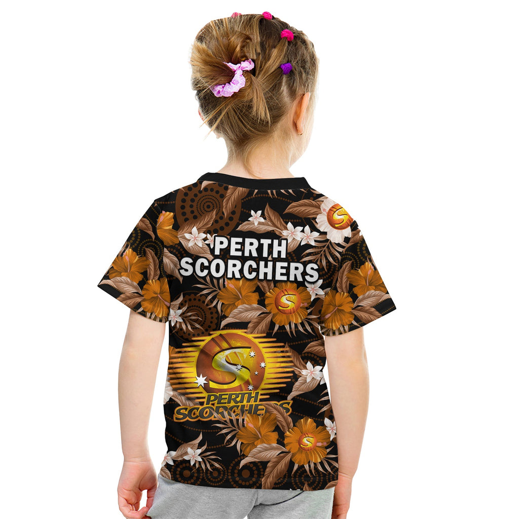 perth-scorchers-cricket-t-shirt-kid-aboriginal-art-mix-tropical-flowers