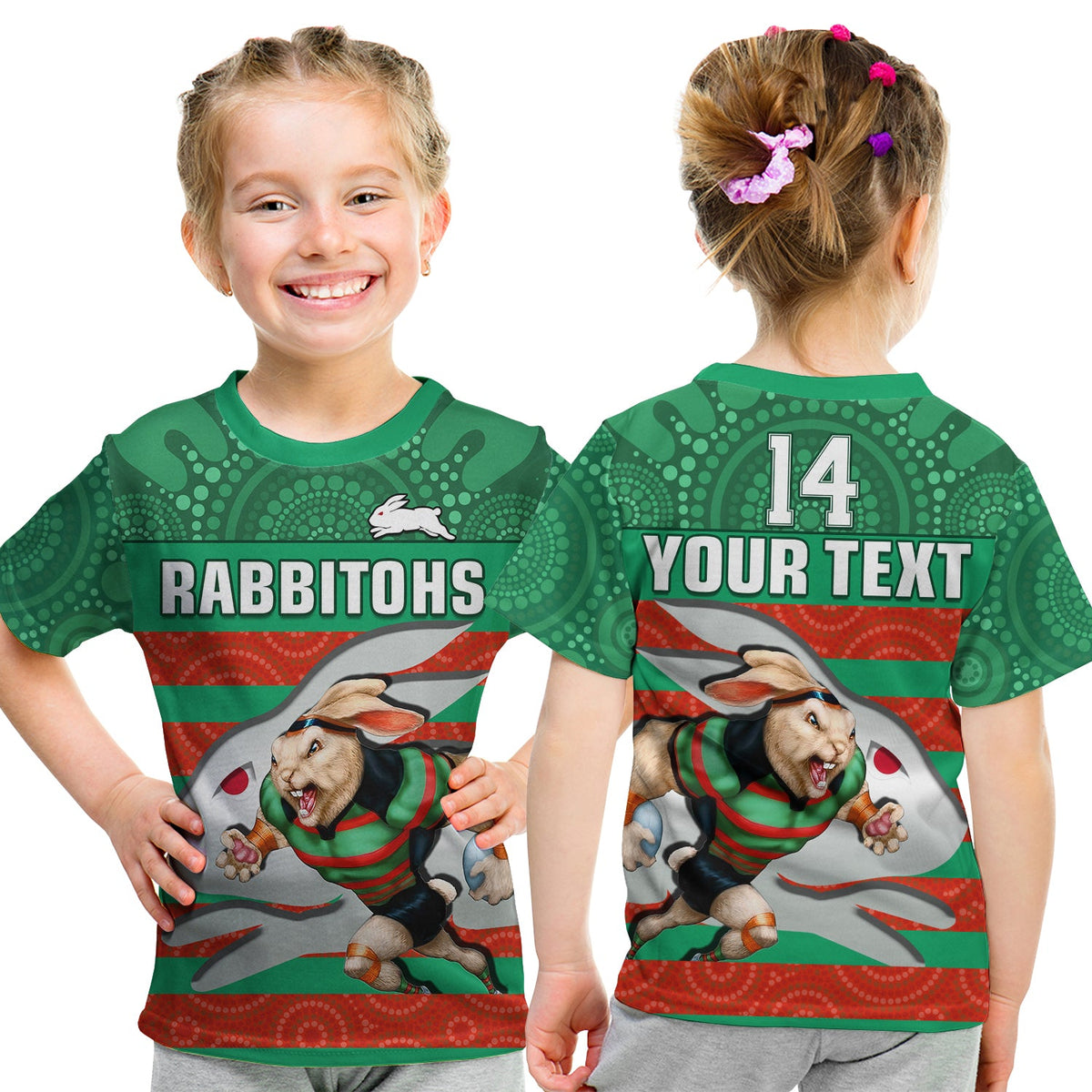 custom-text-and-number-rabbitohs-rugby-t-shirt-kid-aboriginal-dot-painting-glory-glory-sporty-style