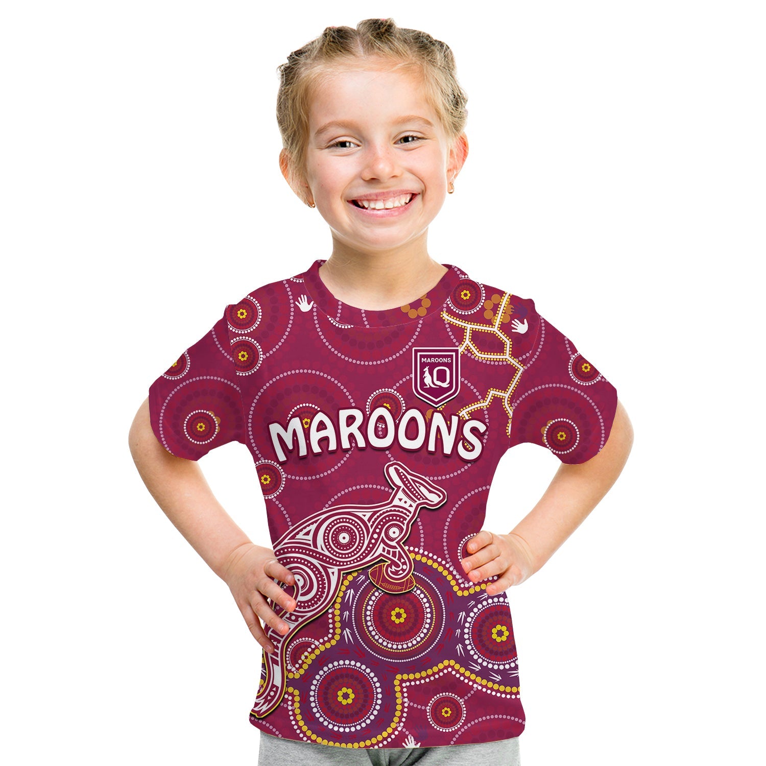 custom-text-and-number-maroons-rugby-t-shirt-kid-kangaroo-indigenous-pattern-unique-version