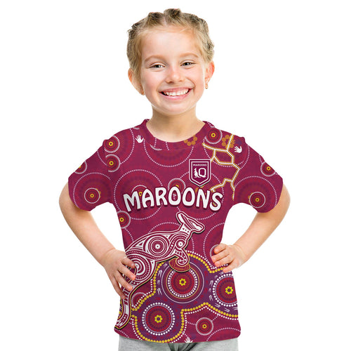 custom-text-and-number-maroons-rugby-t-shirt-kid-kangaroo-indigenous-pattern-unique-version