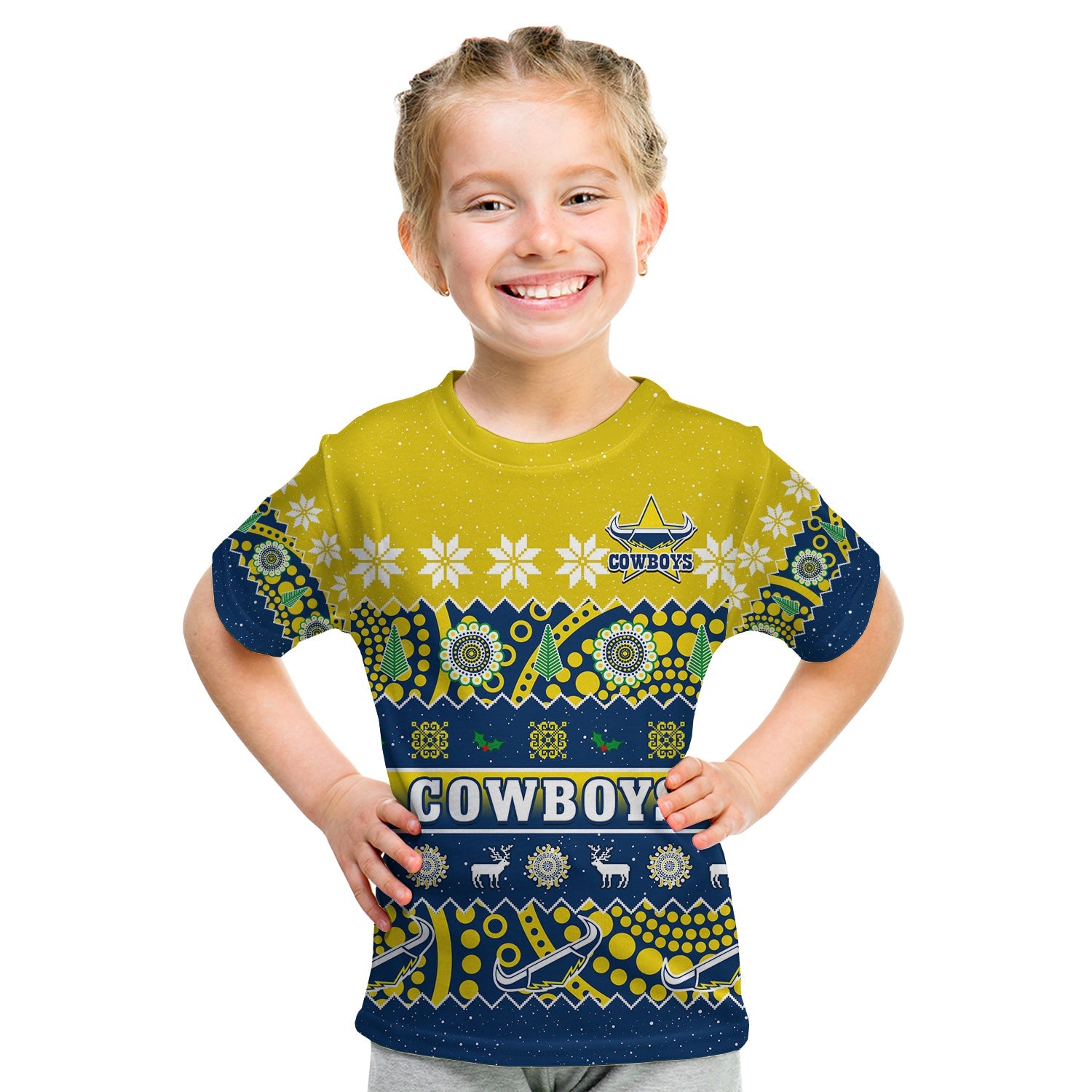 custom-personalised-cowboys-christmas-t-shirt-kid-aboriginal-art-merry-xmas