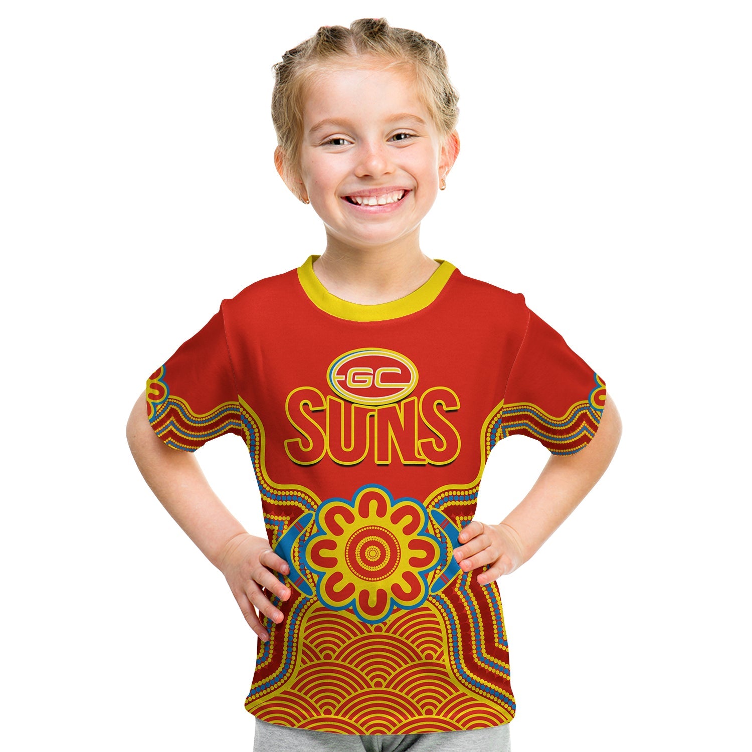 custom-text-and-number-gold-coast-football-t-shirt-kid-suns-indigenous-pattern