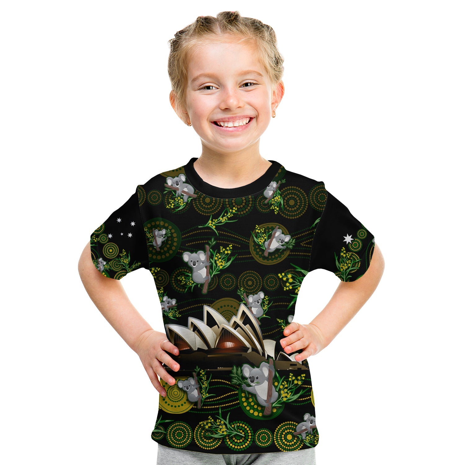 custom-personalised-australia-t-shirt-kid-aboriginal-golden-wattle-mix-koala-and-sydney-opera-house