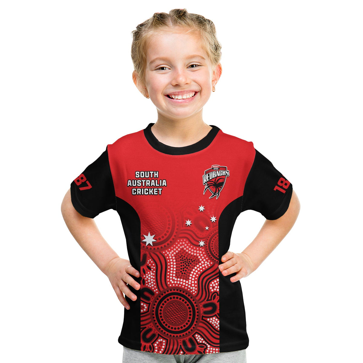 custom-text-and-number-south-australia-cricket-2023-t-shirt-kid-west-end-redbacks-sheffield-shield-indigenous