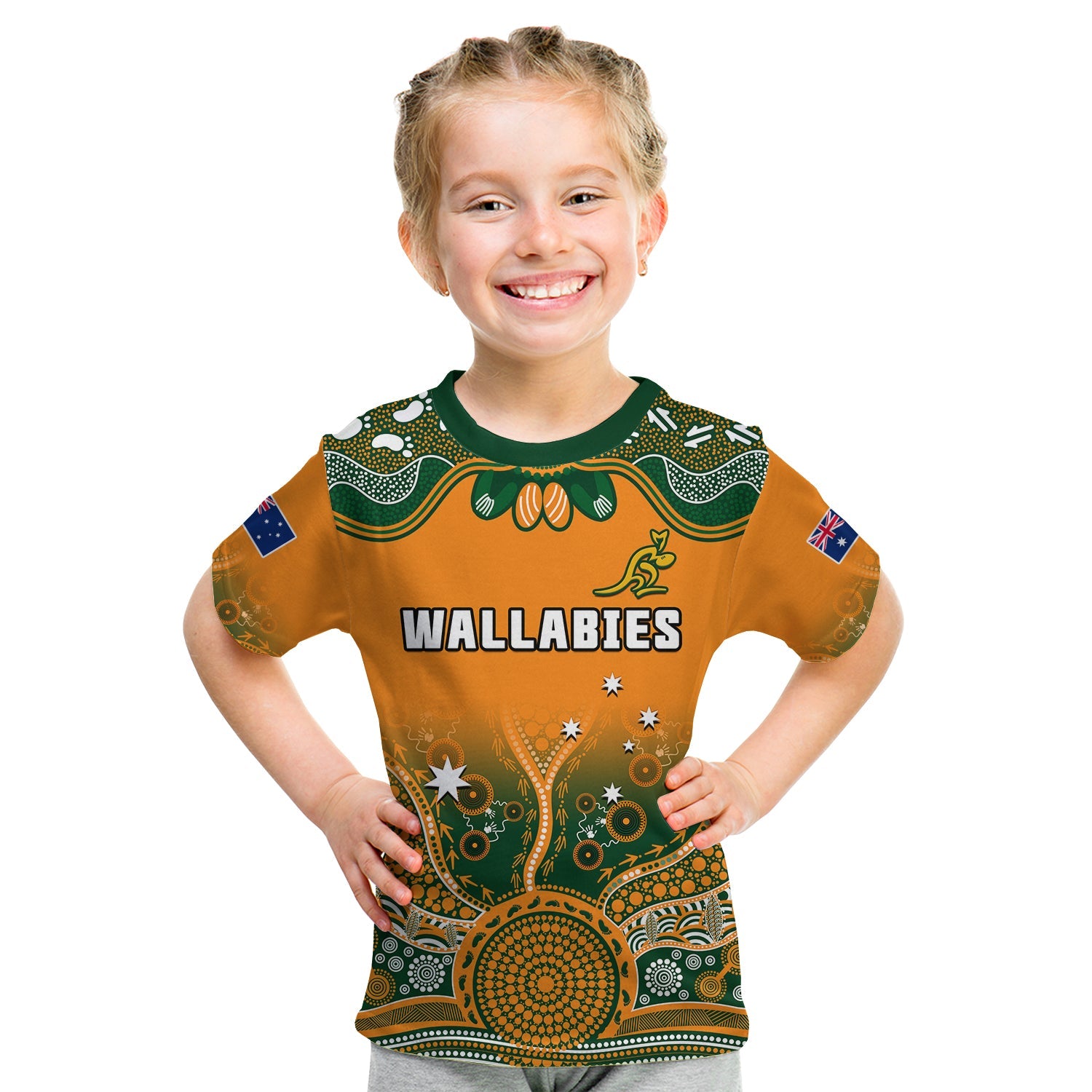 custom-text-and-number-australia-rugby-t-shirt-kid-wallabies-kangaroo-orange-aboriginal