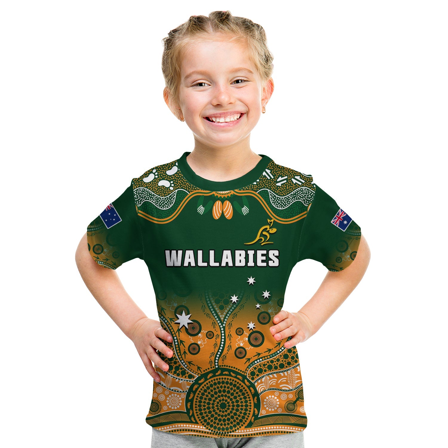 custom-text-and-number-australia-rugby-t-shirt-kid-wallabies-kangaroo-green-aboriginal