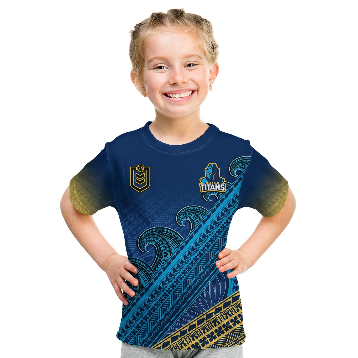 custom-text-and-number-gold-coast-titans-rugby-t-shirt-kid-pasifika-gradient-polynesian-pattern