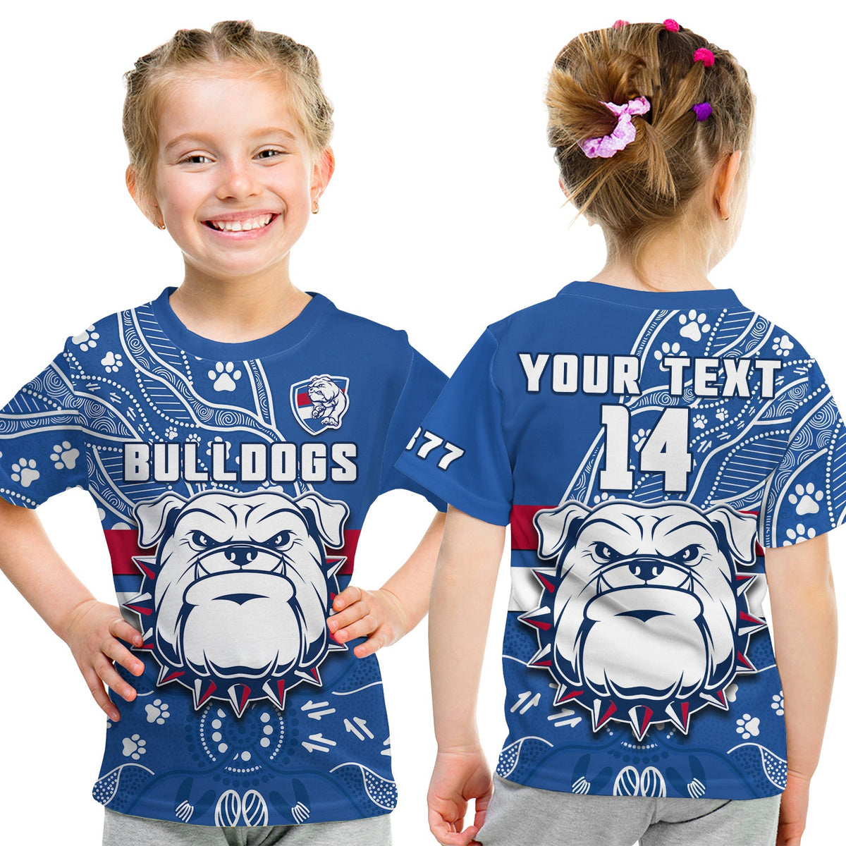 custom-text-and-number-bulldogs-football-t-shirt-kid-scraggers-1877-aboriginal-dot-painting-newest-version