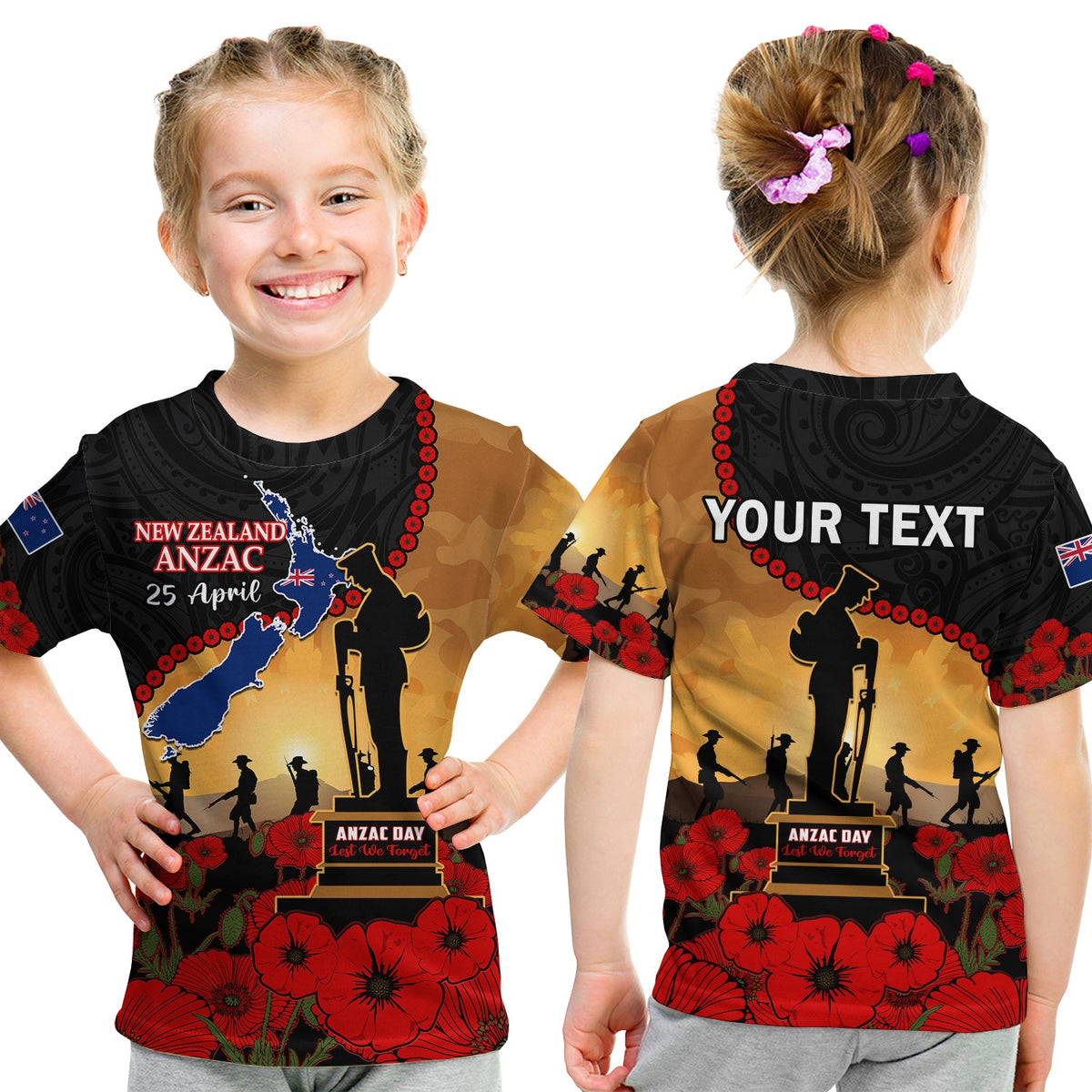 custom-personalised-new-zealand-anzac-t-shirt-kid-maori-camouflage-mix-poppies-we-will-remember-them