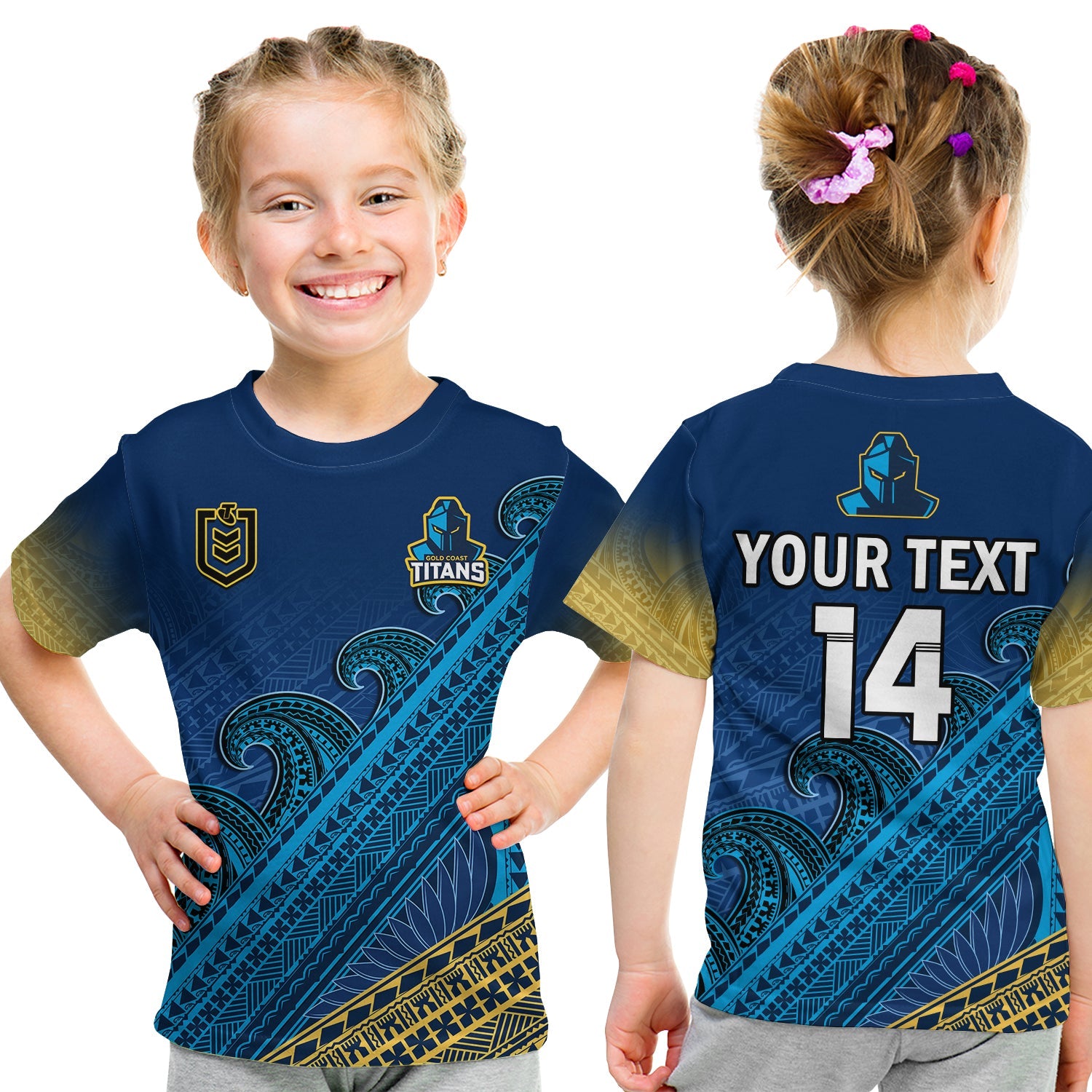 custom-text-and-number-gold-coast-titans-rugby-t-shirt-kid-pasifika-gradient-polynesian-pattern
