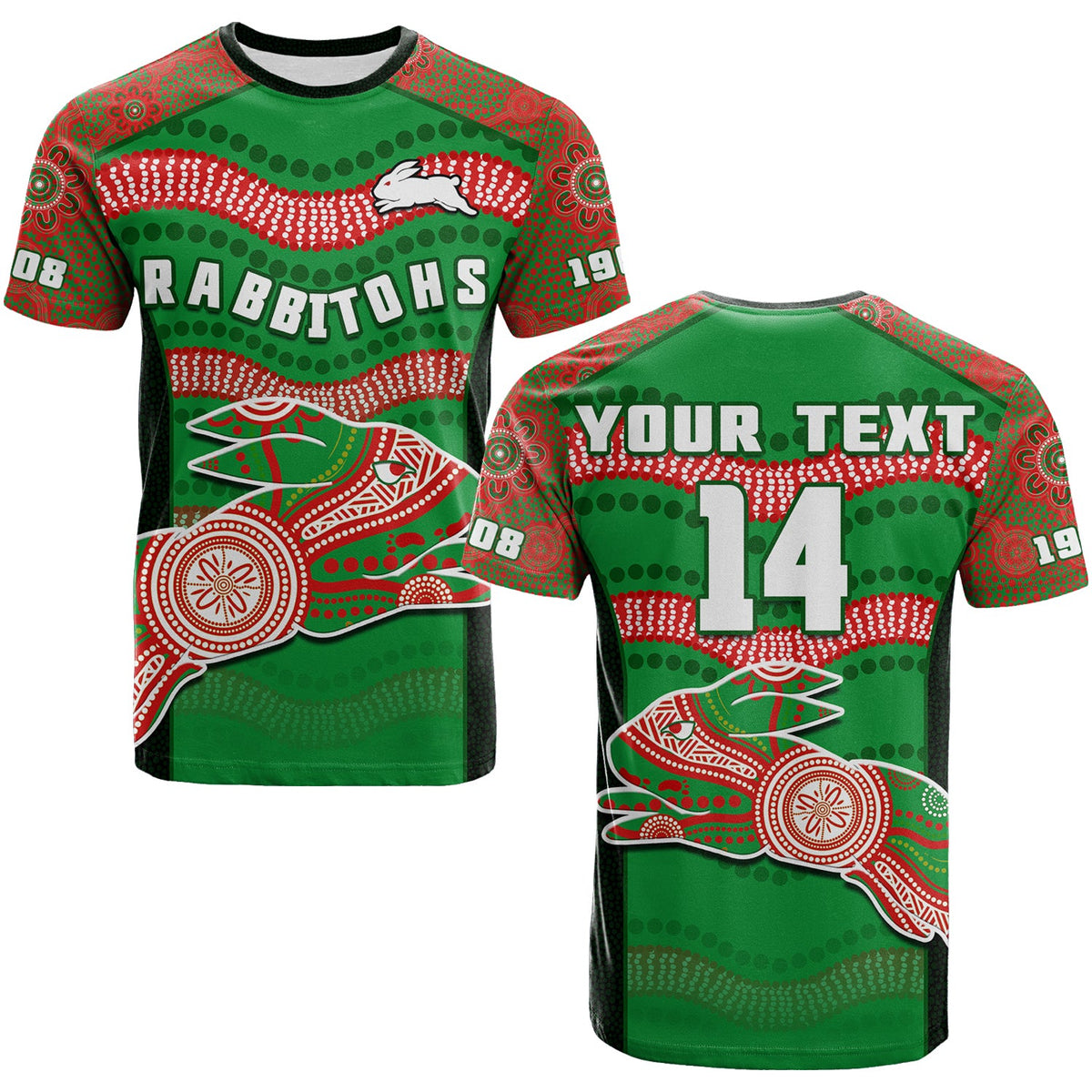 custom-text-and-number-rabbitohs-rugby-t-shirt-souths-1908-aboriginal-dot-painting-go-bunnies