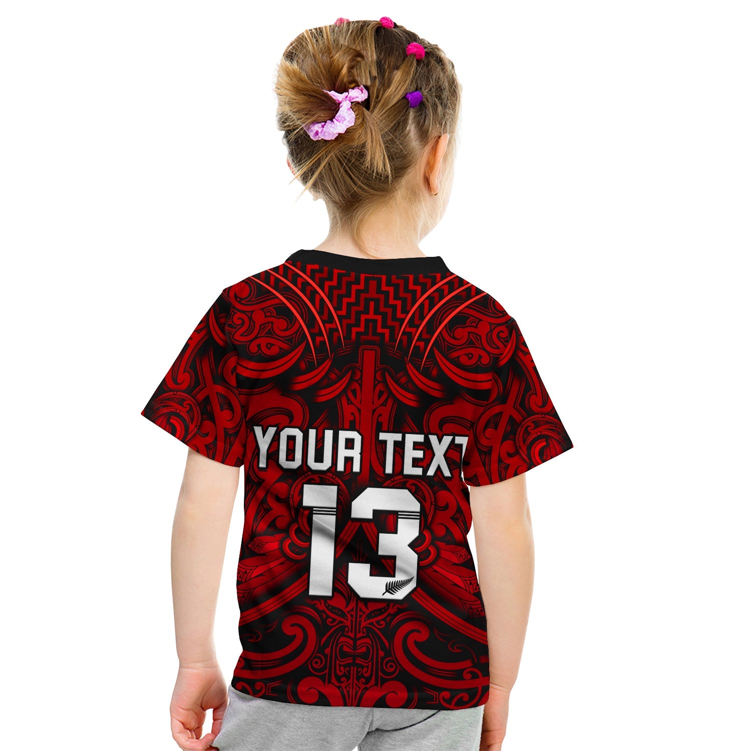 custom-text-and-number-new-zealand-silver-fern-rugby-t-shirt-kid-all-black-red-nz-maori-pattern