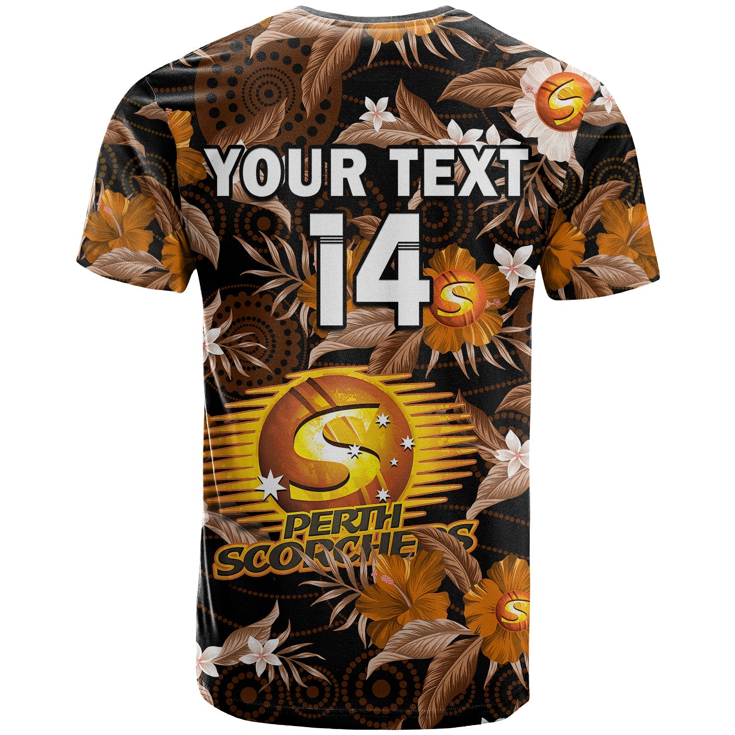 custom-text-and-number-perth-scorchers-cricket-t-shirt-aboriginal-art-mix-tropical-flowers