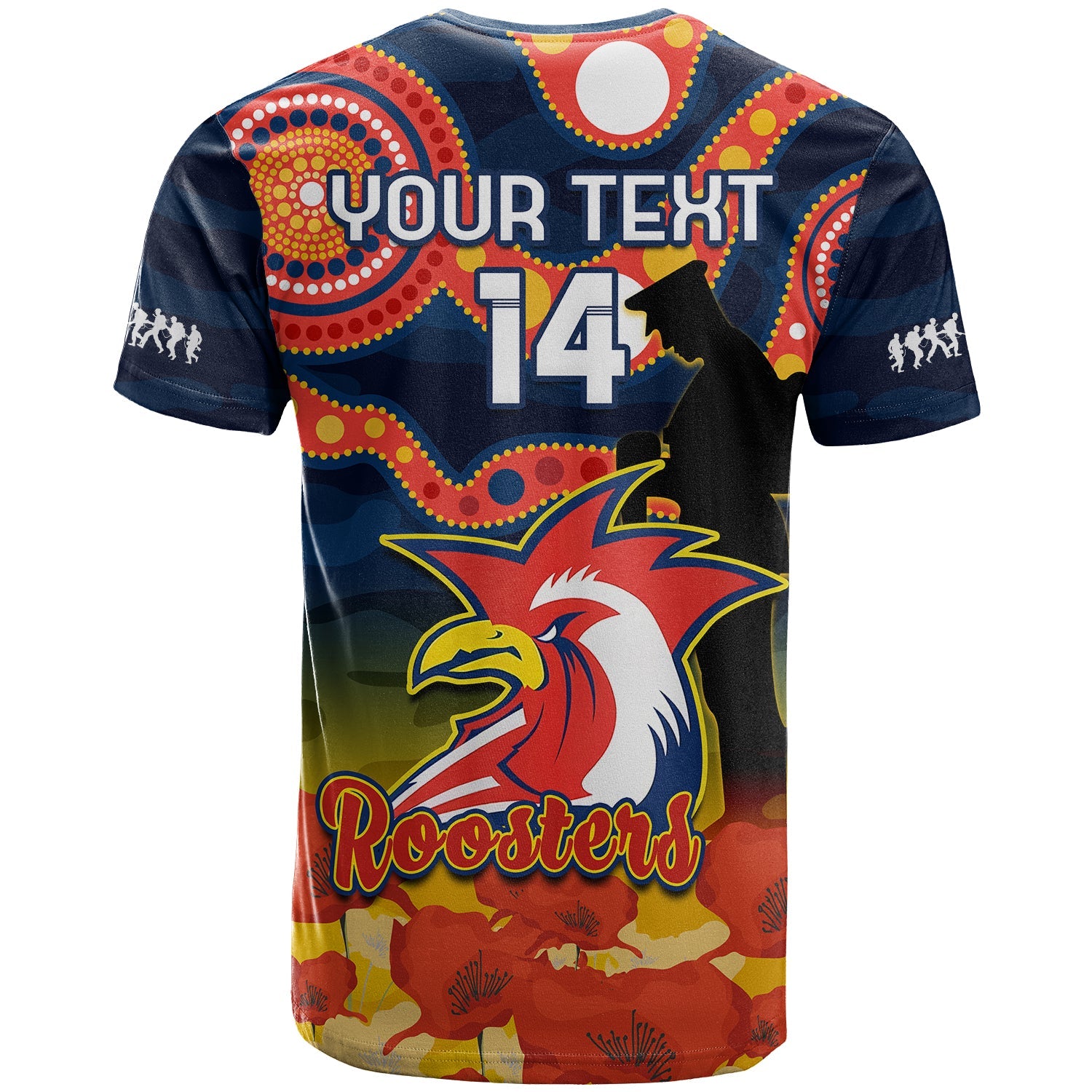 custom-text-and-number-roosters-rugby-anzac-2023-t-shirt-dots-poppy-mix-camouflage-lest-we-forget